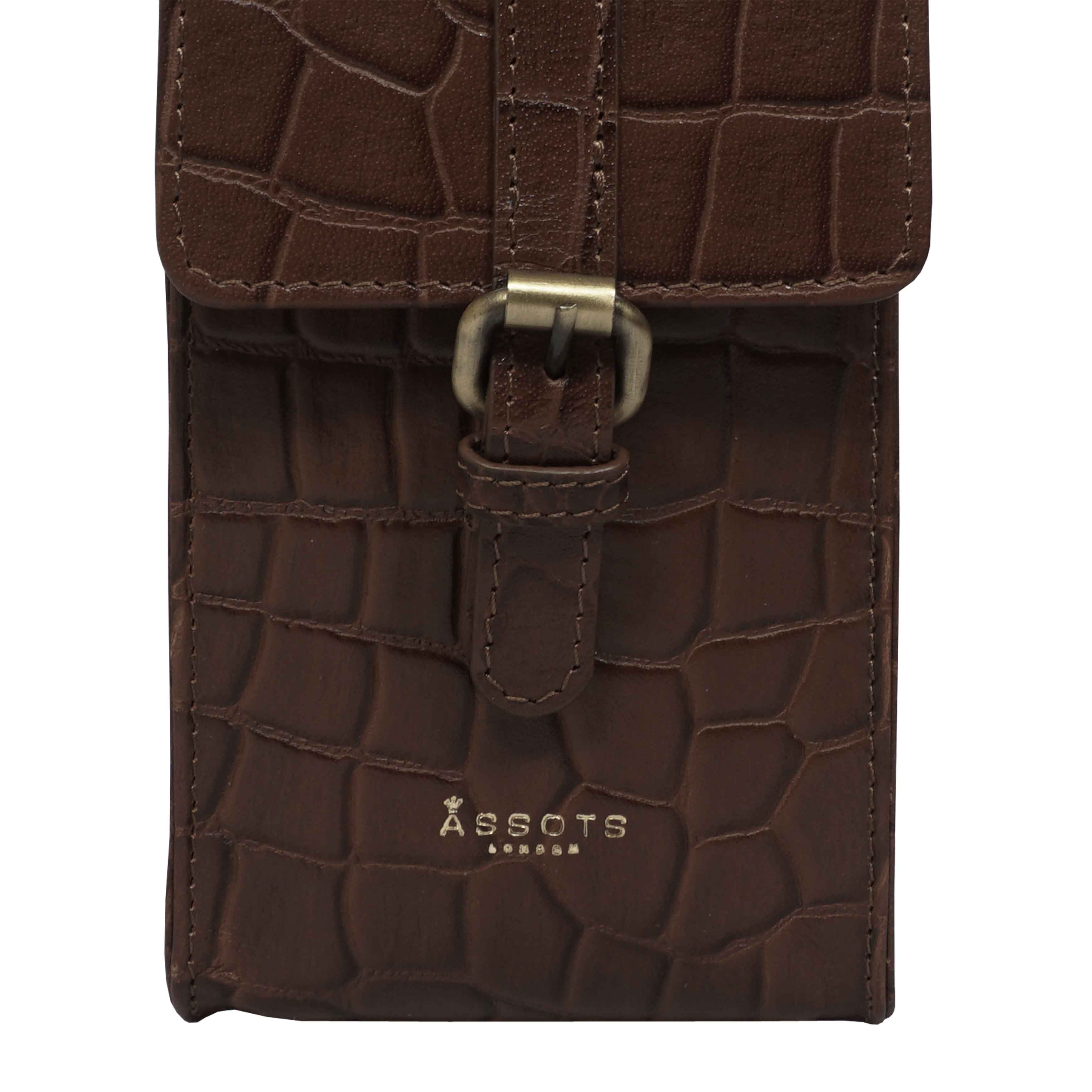 'PETRA' Brown Croc Real Leather Mobile Phone Crossbody Bag