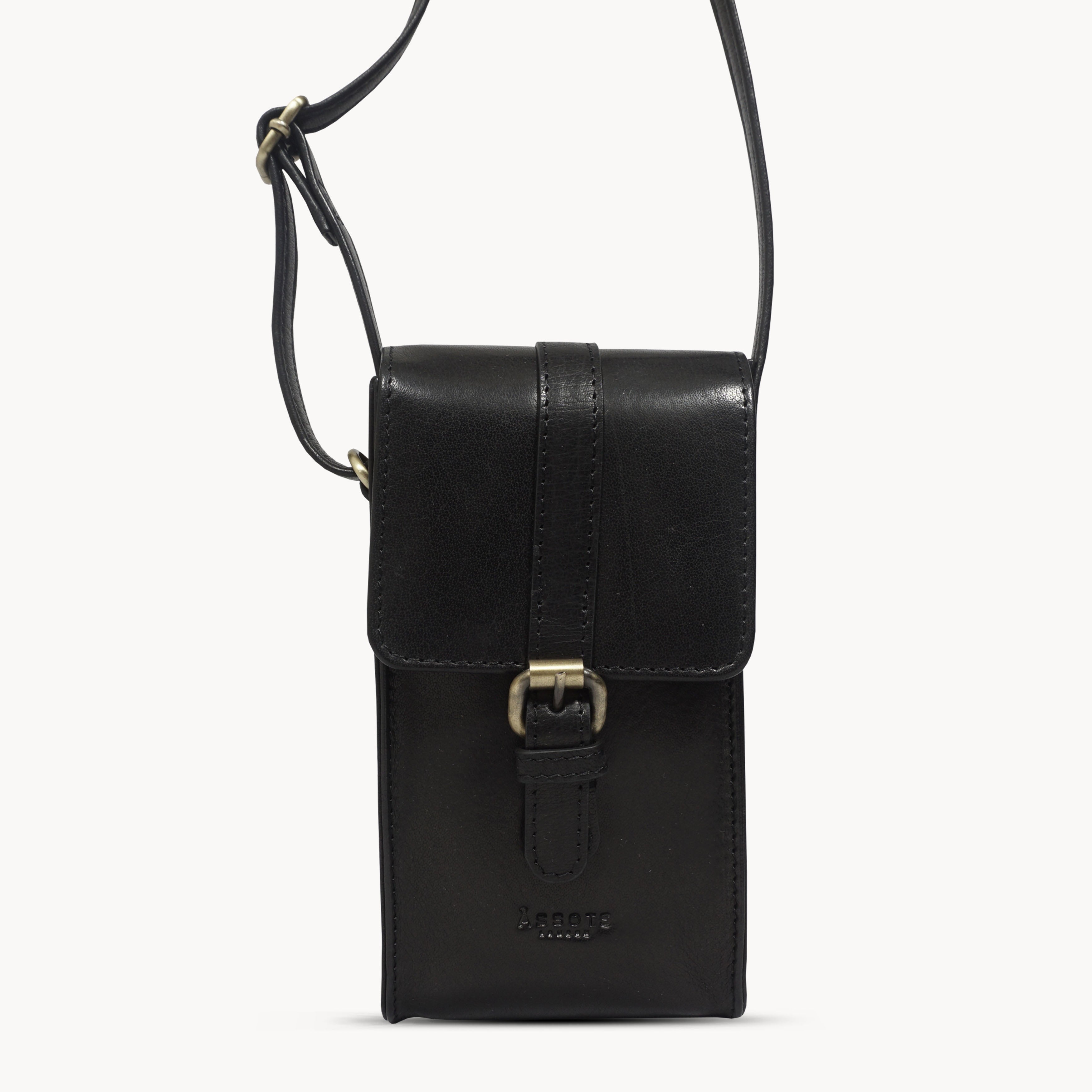 'PETRA' Black Polished VT Real Leather Mobile Phone Crossbody Bag