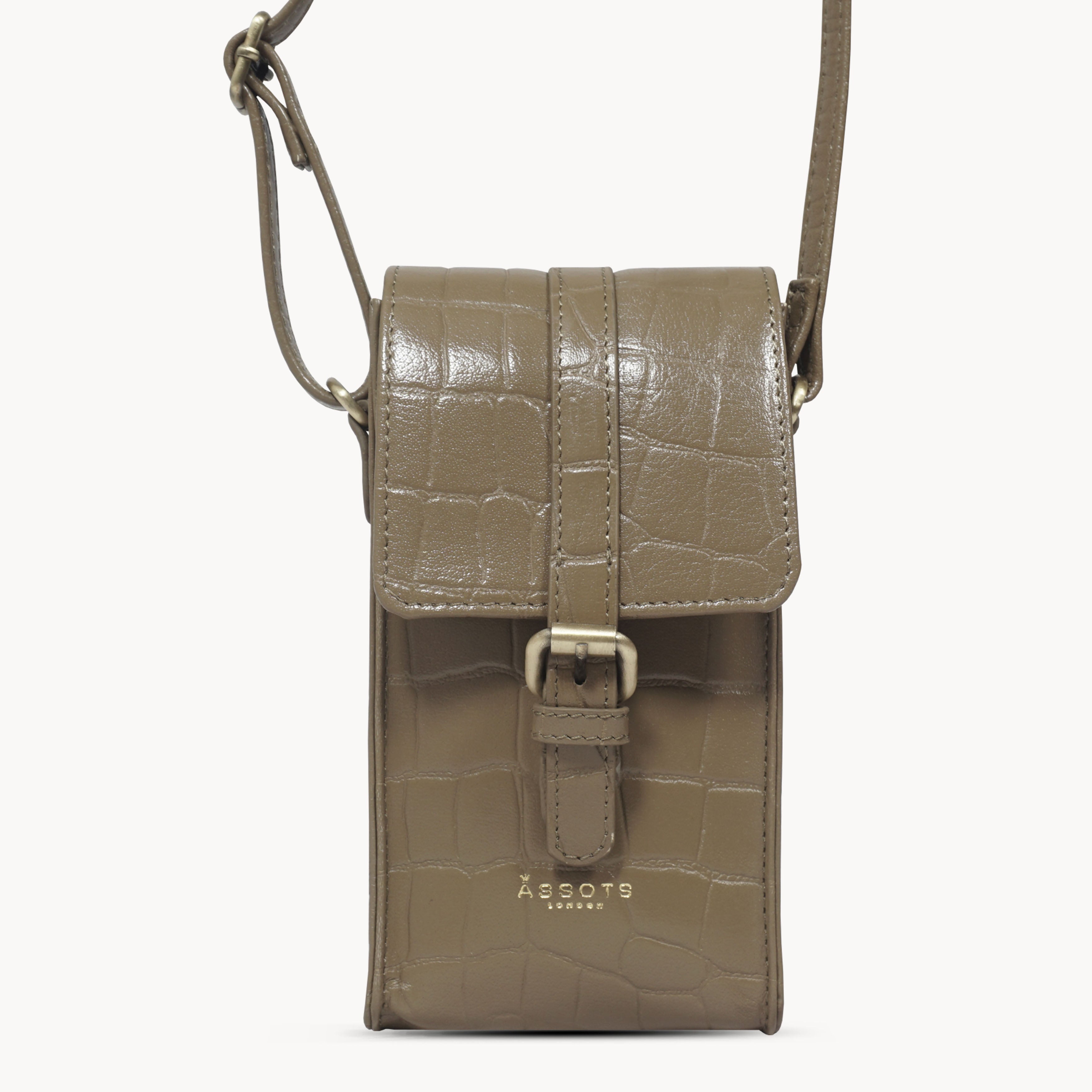 'PETRA' Khaki Croc Real Leather Mobile Phone Crossbody Bag