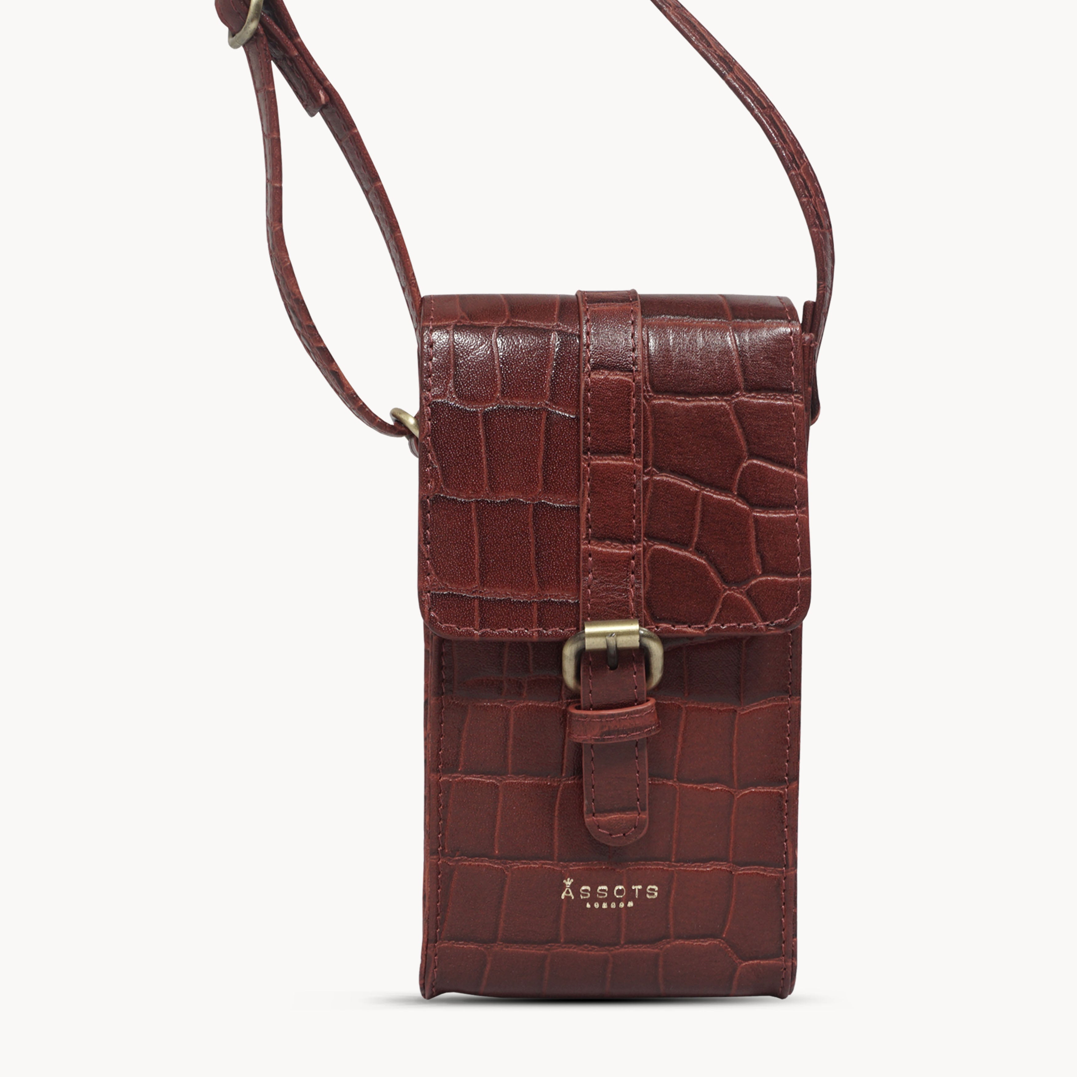 'PETRA' Red Croc Real Leather Mobile Phone Crossbody Bag