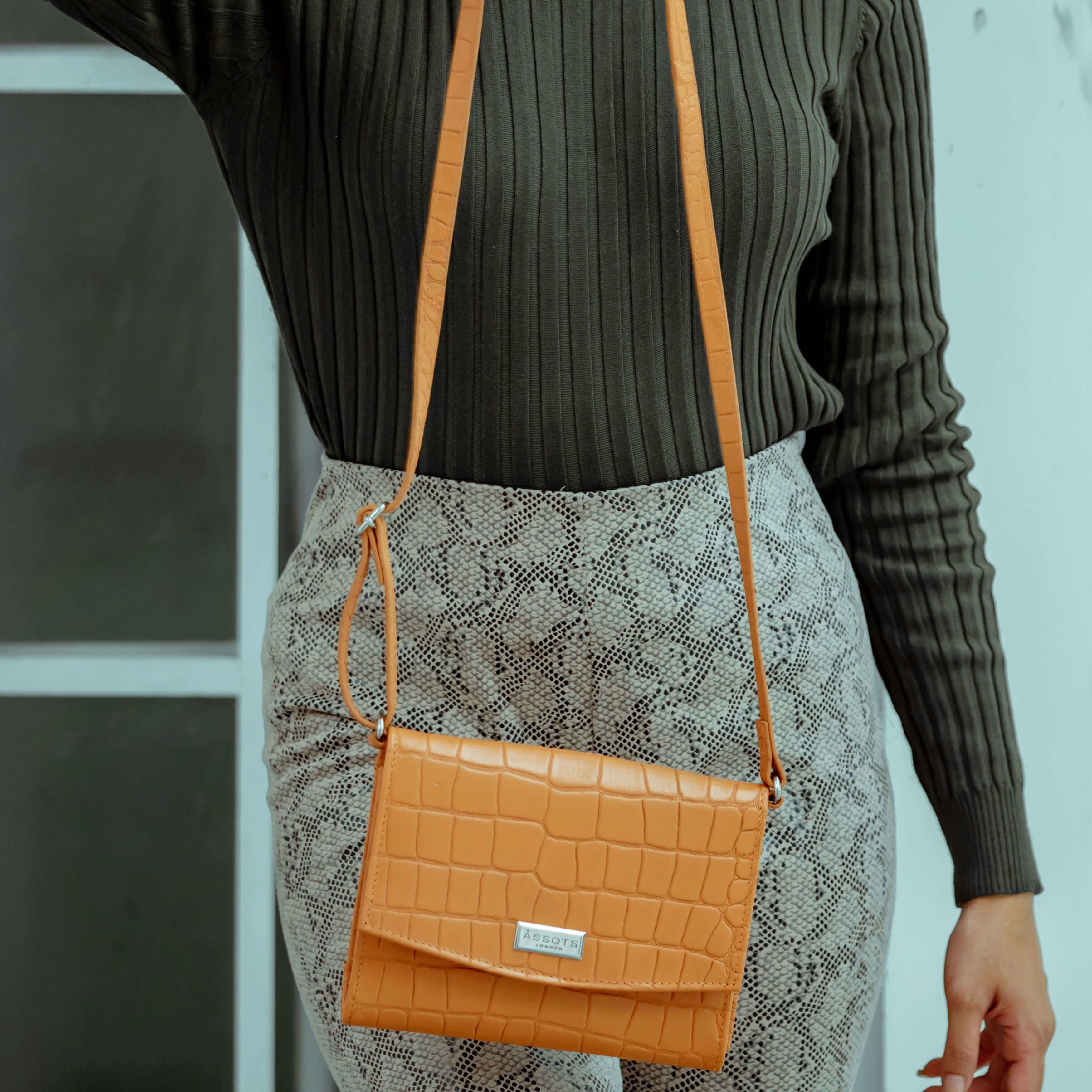 'MATILDA' Rust Croc Designer Leather Organiser Flap Over Crossbody Bag