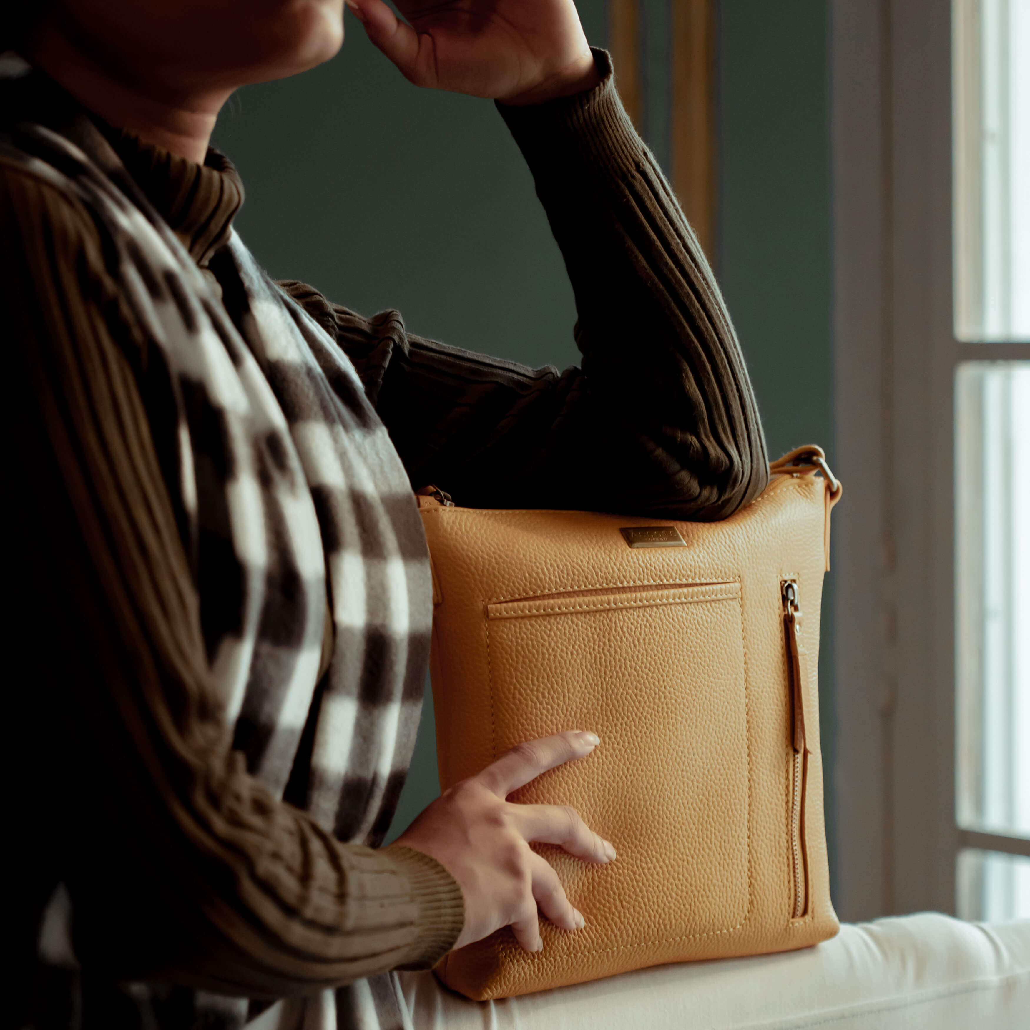 'EDITH' Mustard Pebble Grain Leather Crossbody bag