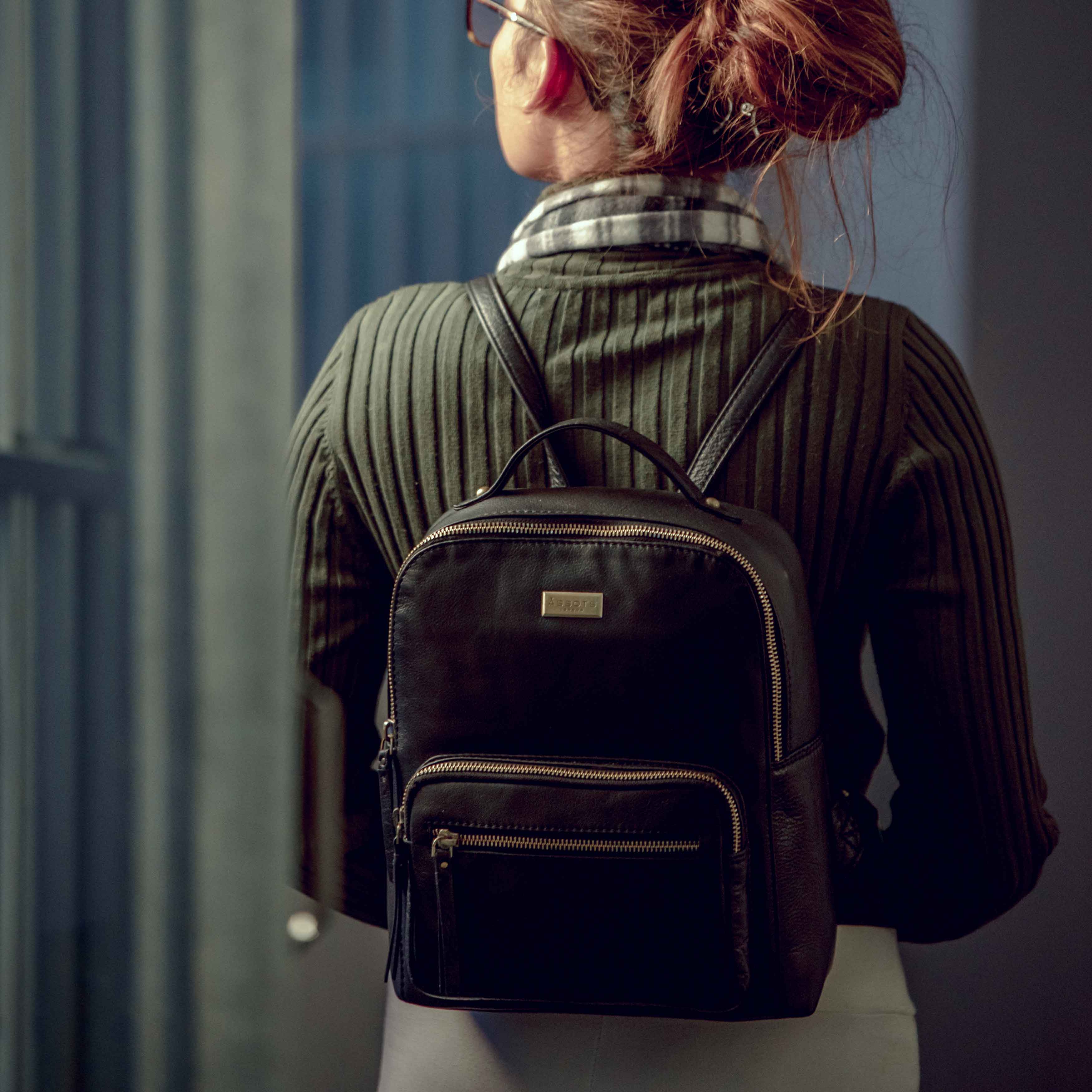 'ANGEL' Tan Pebble Grain Real Leather Zip-top Backpack