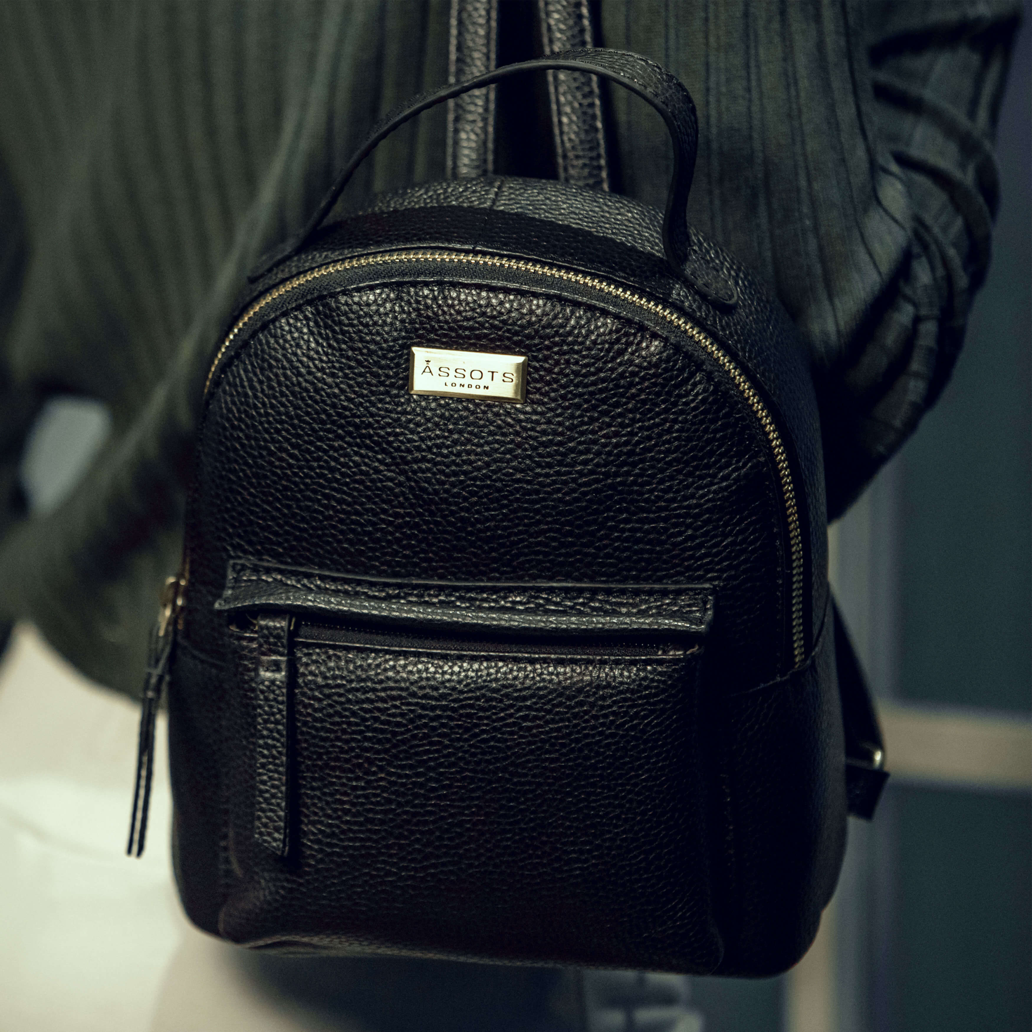 'Betty' Black Zip Top Mini Pebble Grain Leather Backpack