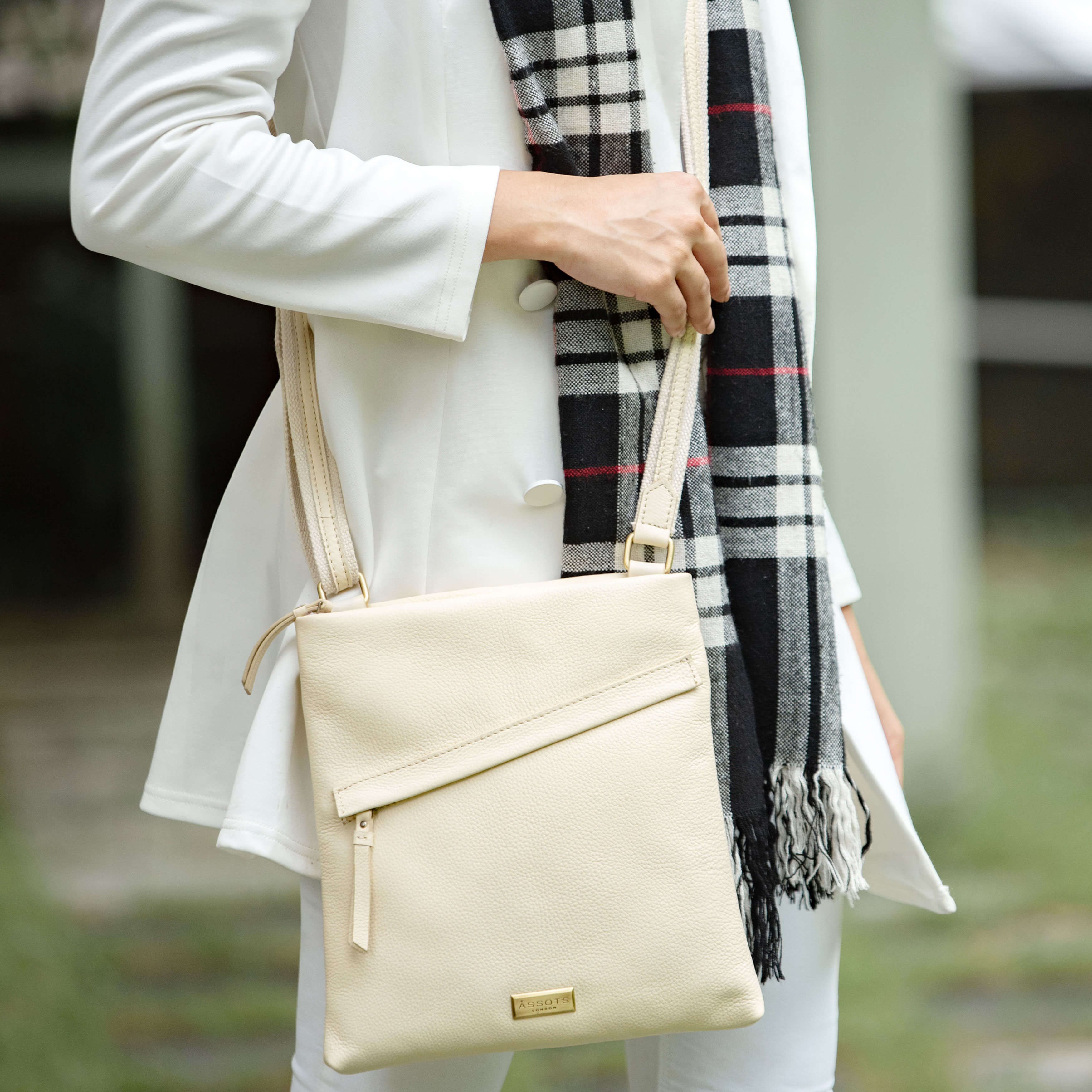 'FLORENCE' Cream Pebble Grain Leather Crossbody Sling Bag