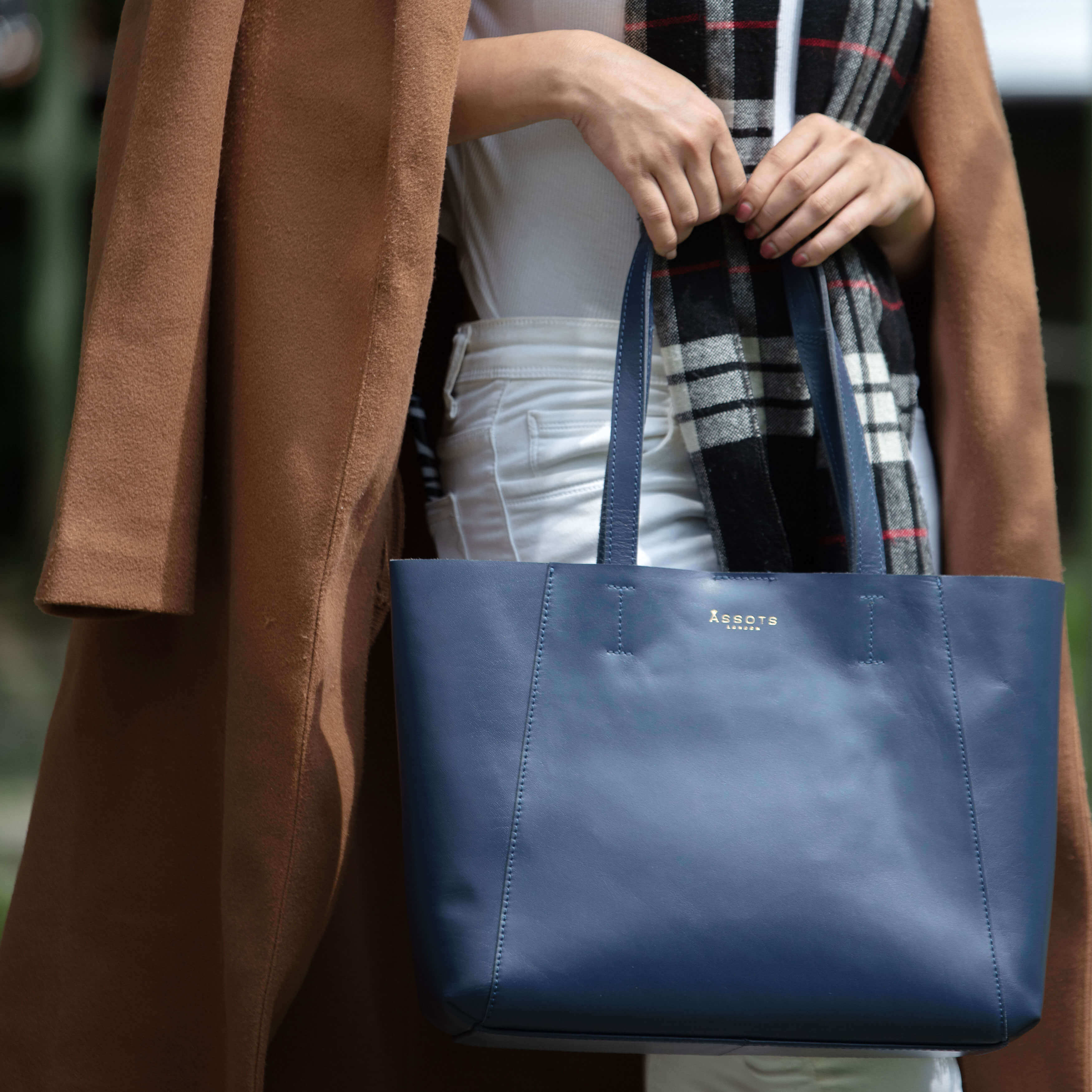 'ADELA' Navy Smooth Real Leather Unlined Designer Tote Bag