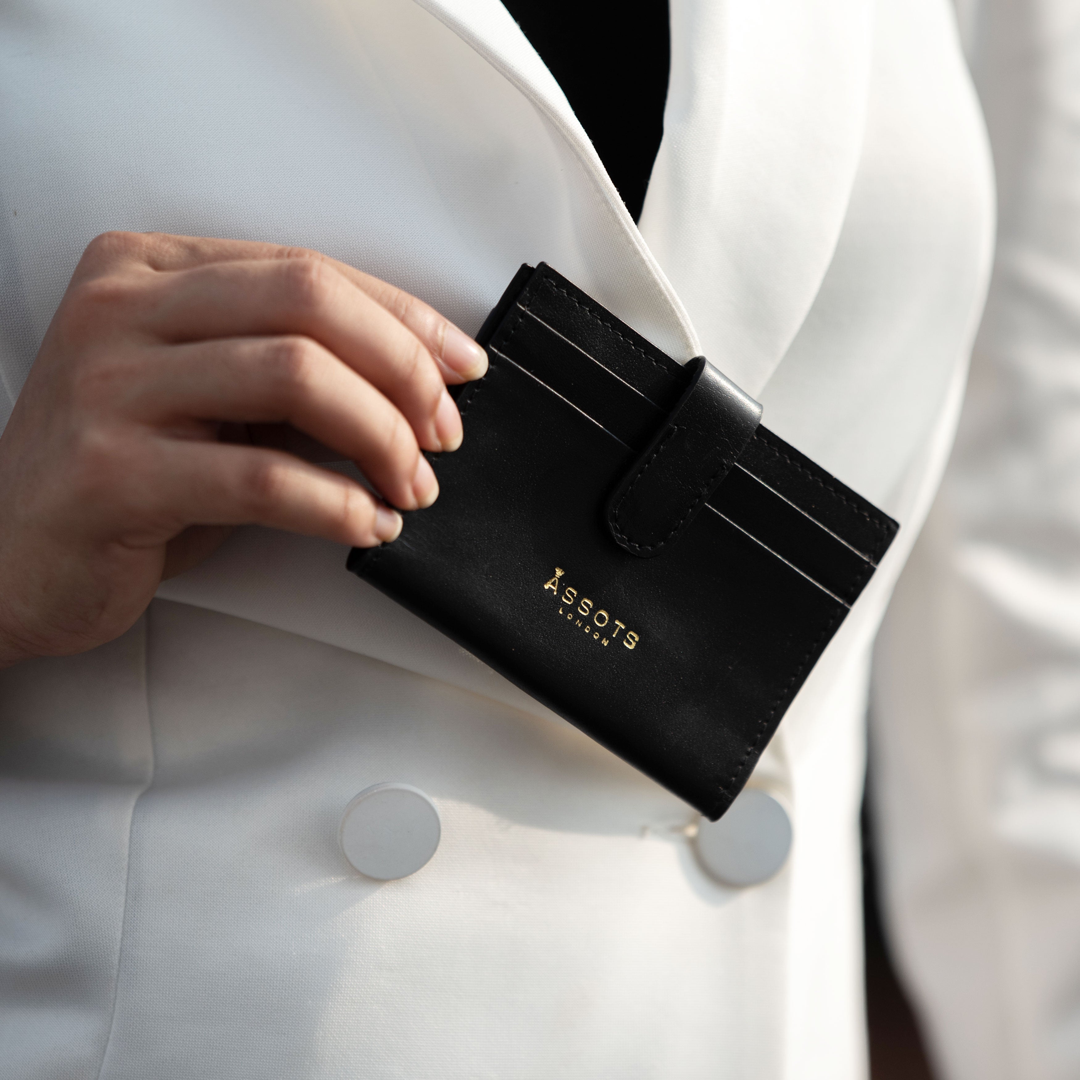 'GROVE' Black Smooth RFID Tab-over Leather Credit Card Holder