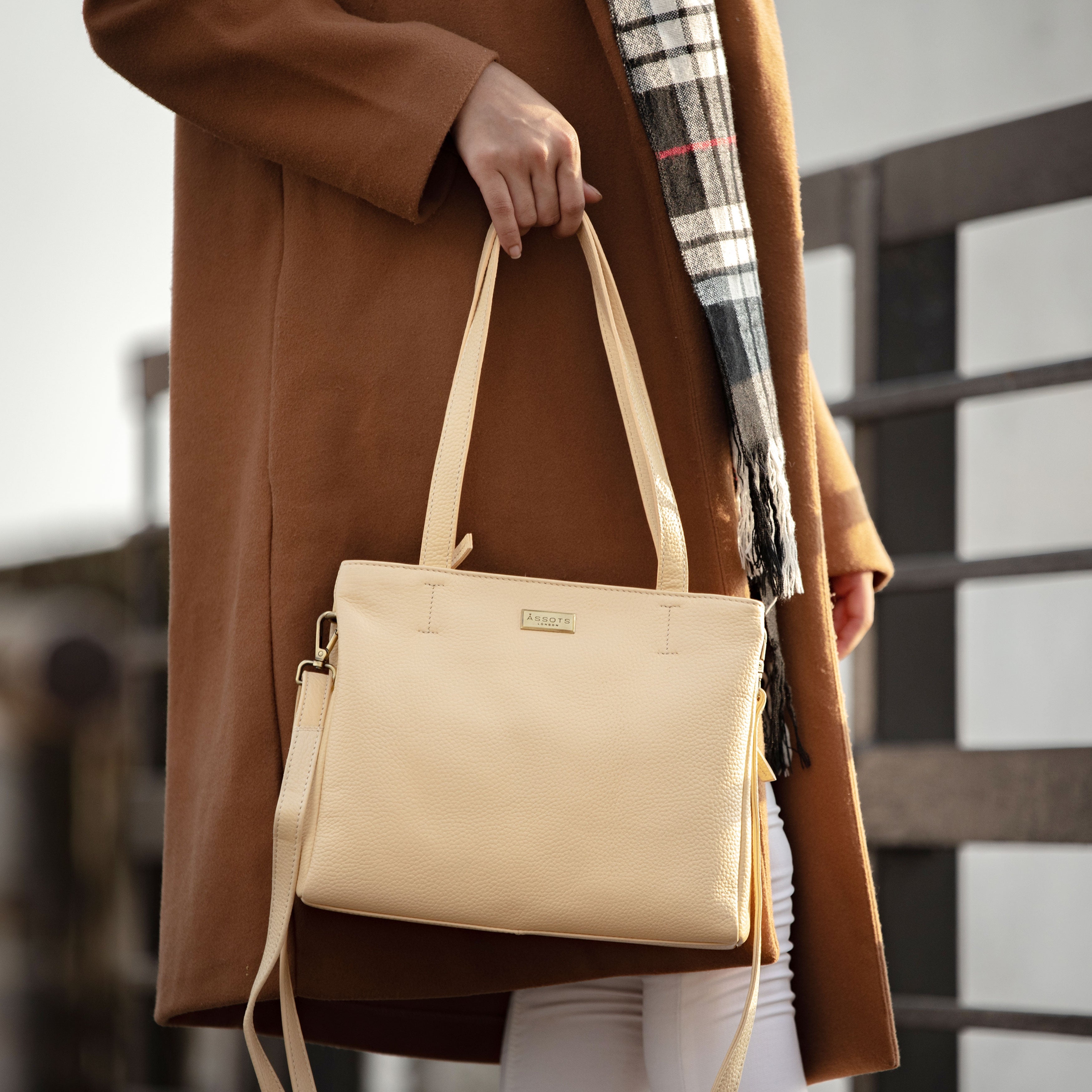 'DEBRA' Off White Pebble Grain Real Leather Crossbody Shoulder Bag