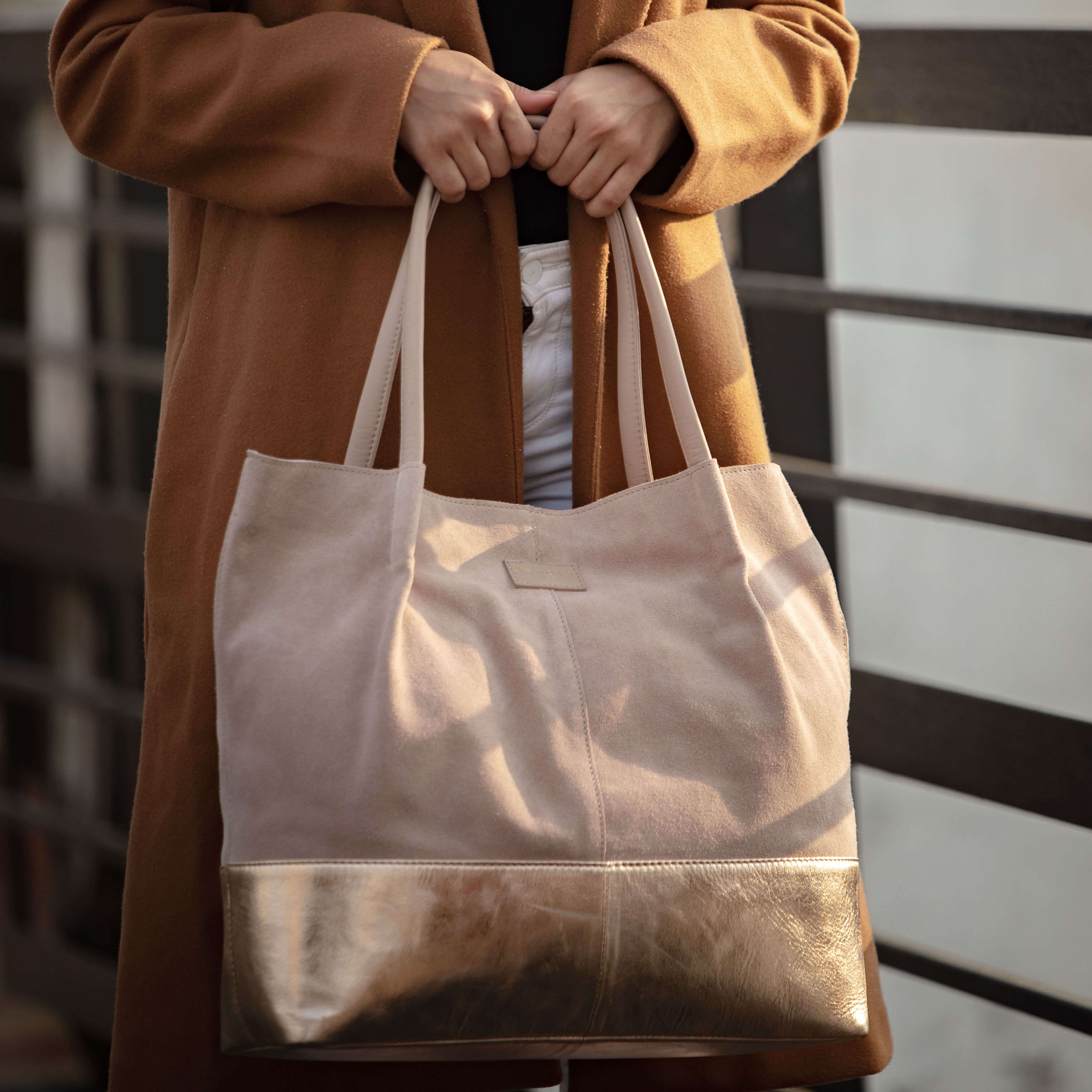 'DONNA' Pink and Metallic Rose Gold Real Leather Unlined Designer Shopper Bag