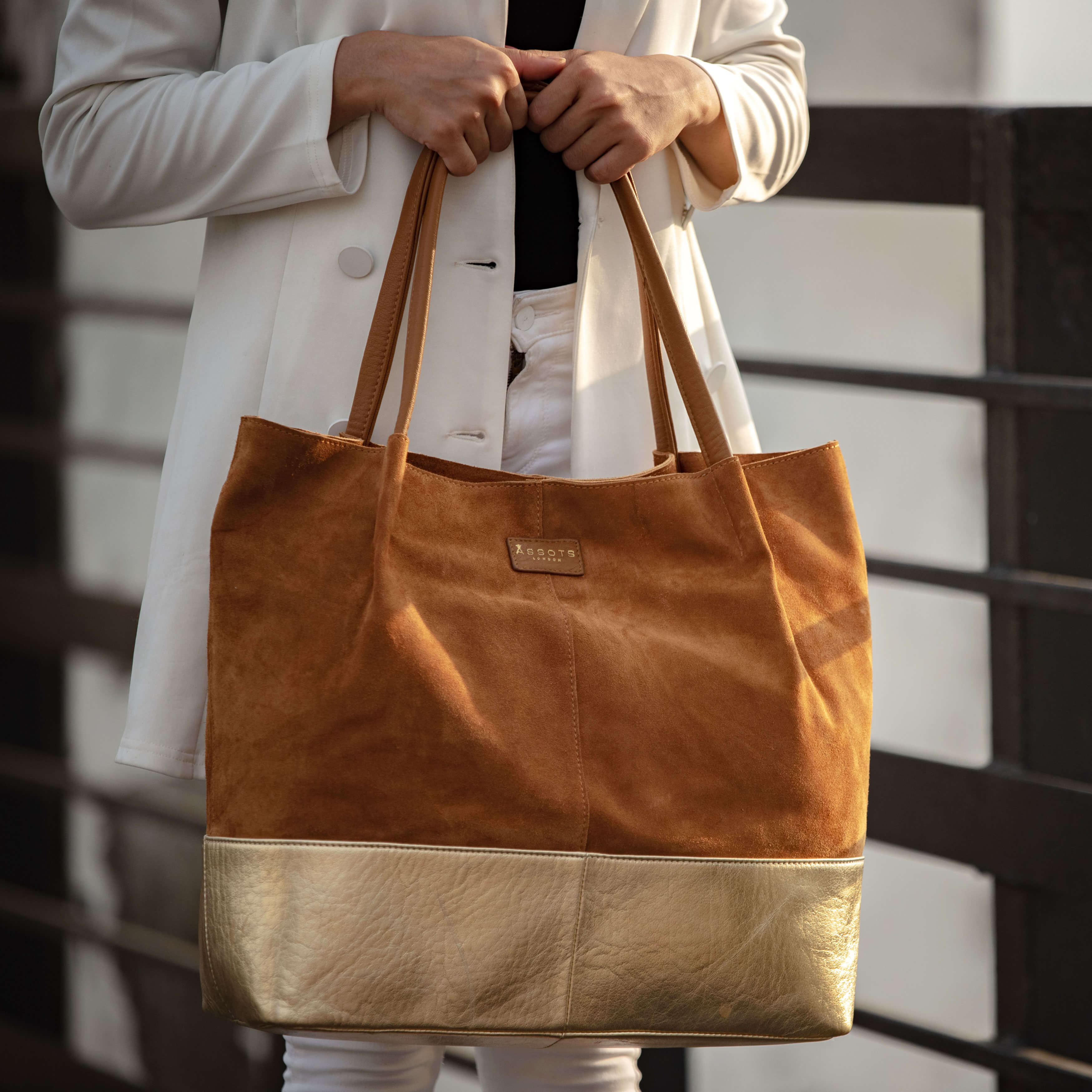 'DONNA' Tan and Metallic Yellow Gold Real Leather Unlined Designer Shopper Bag