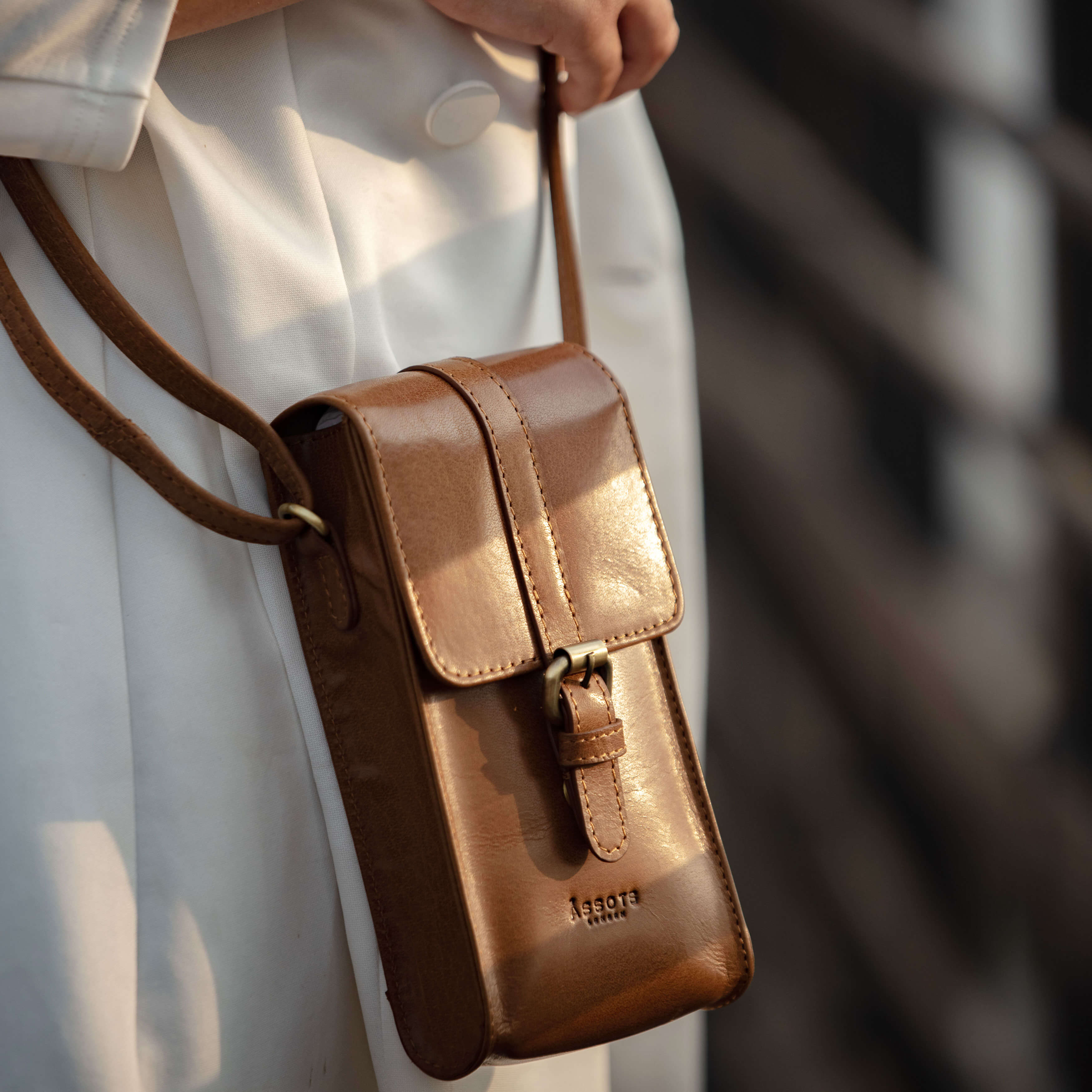 'PETRA' Tan Polished VT Real Leather Mobile Phone Crossbody Bag