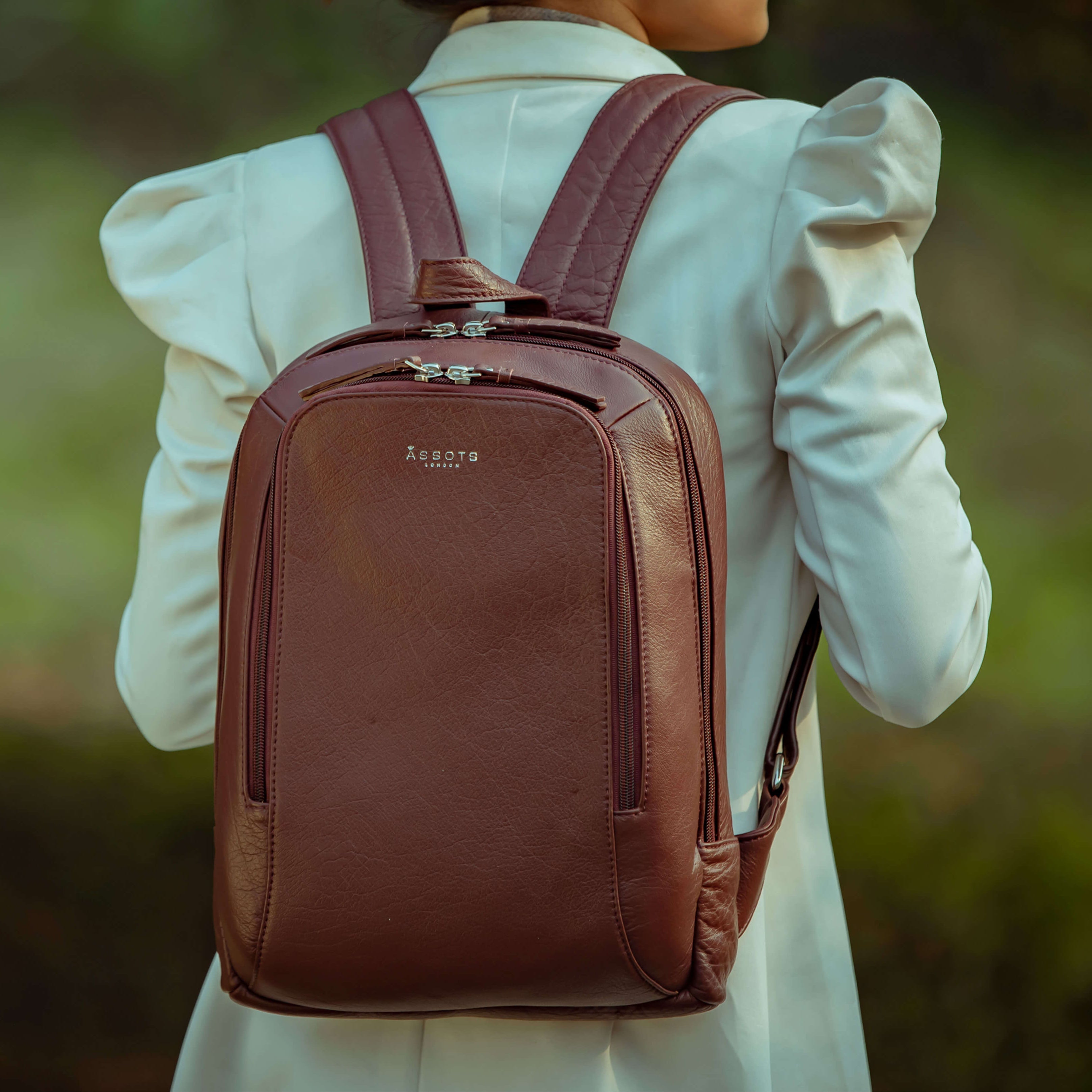 'BAKER' Burgundy Full Grain Leather Double Zip Laptop Backpack
