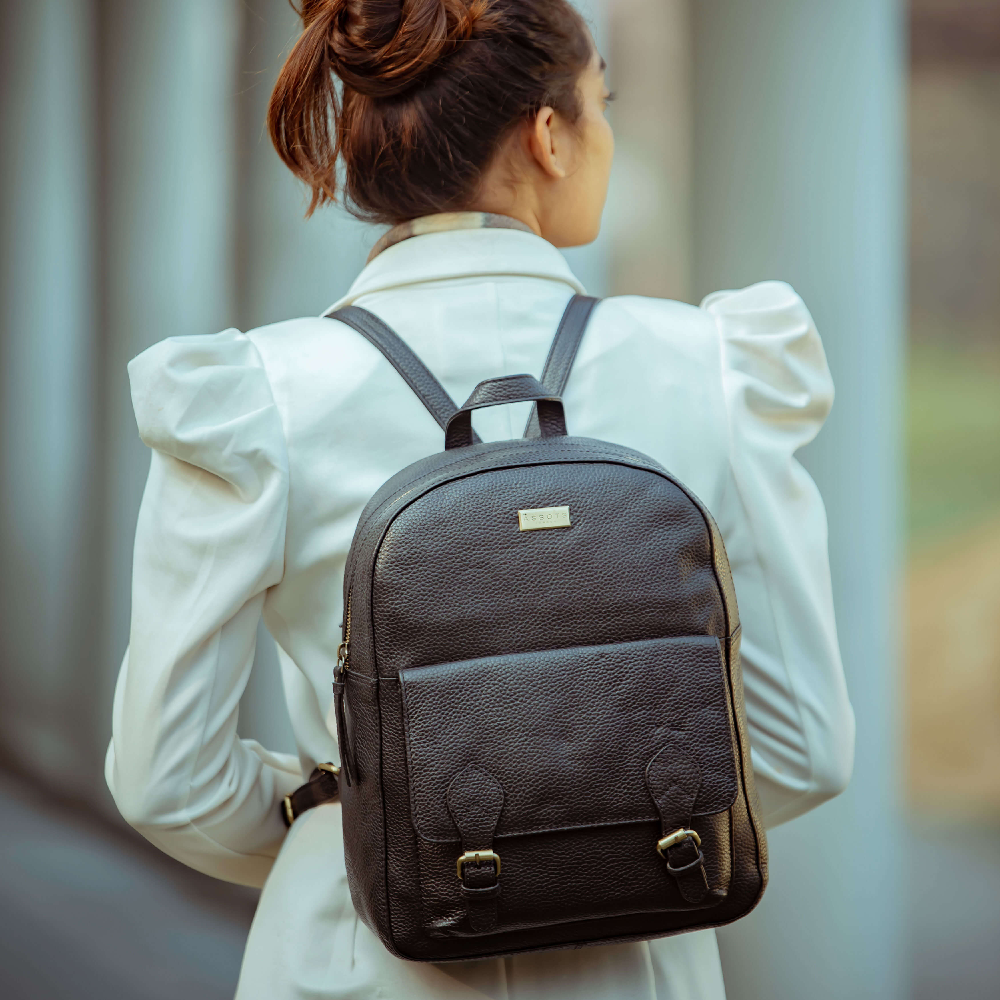 'ELDON' Black Pebble Grain Leather Zip Top Large Laptop Backpack