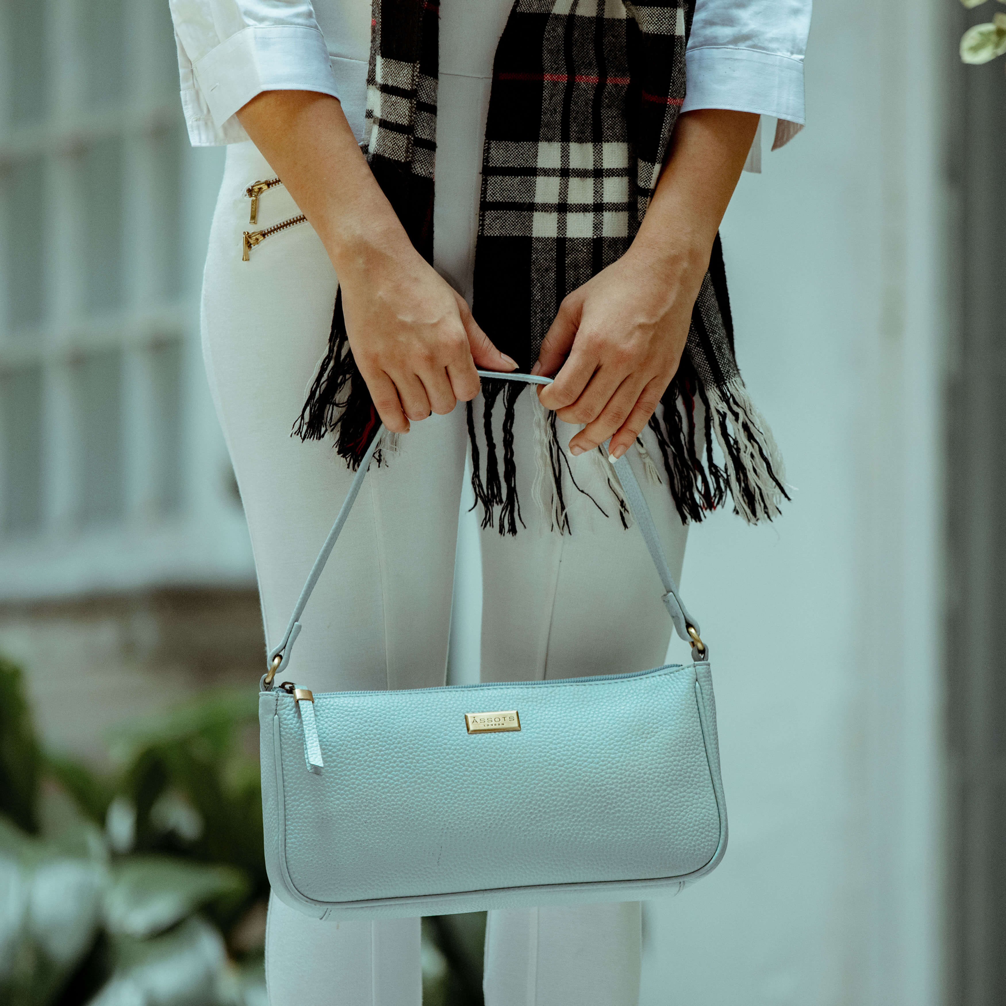 'ZARA' Cashmere Blue Soft Pebble Grain Real Leather Baguette Shoulder Bag