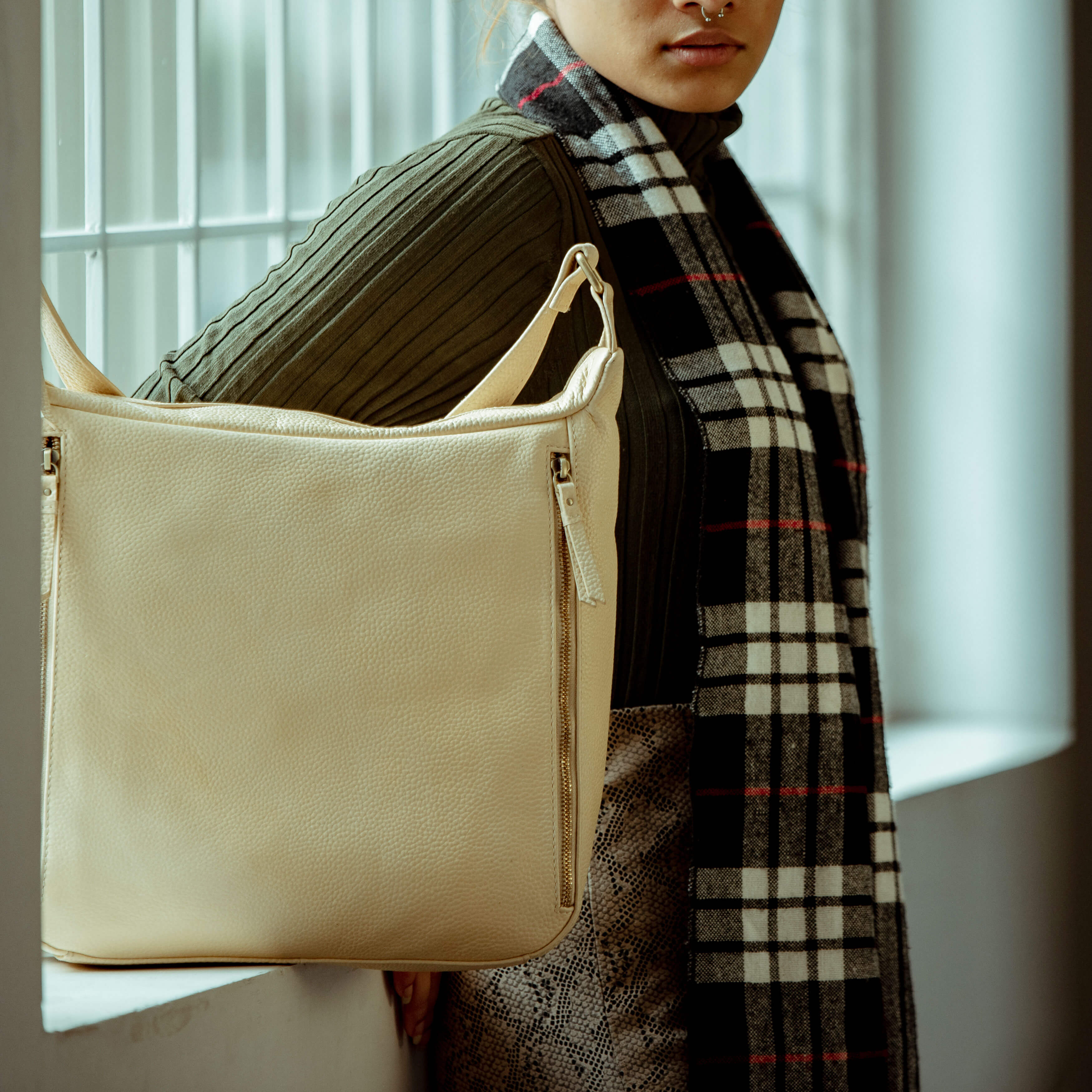 'PAMELA' Camelish Off White Pebble Grain Real Leather Designer Shoulder Hobo Bag