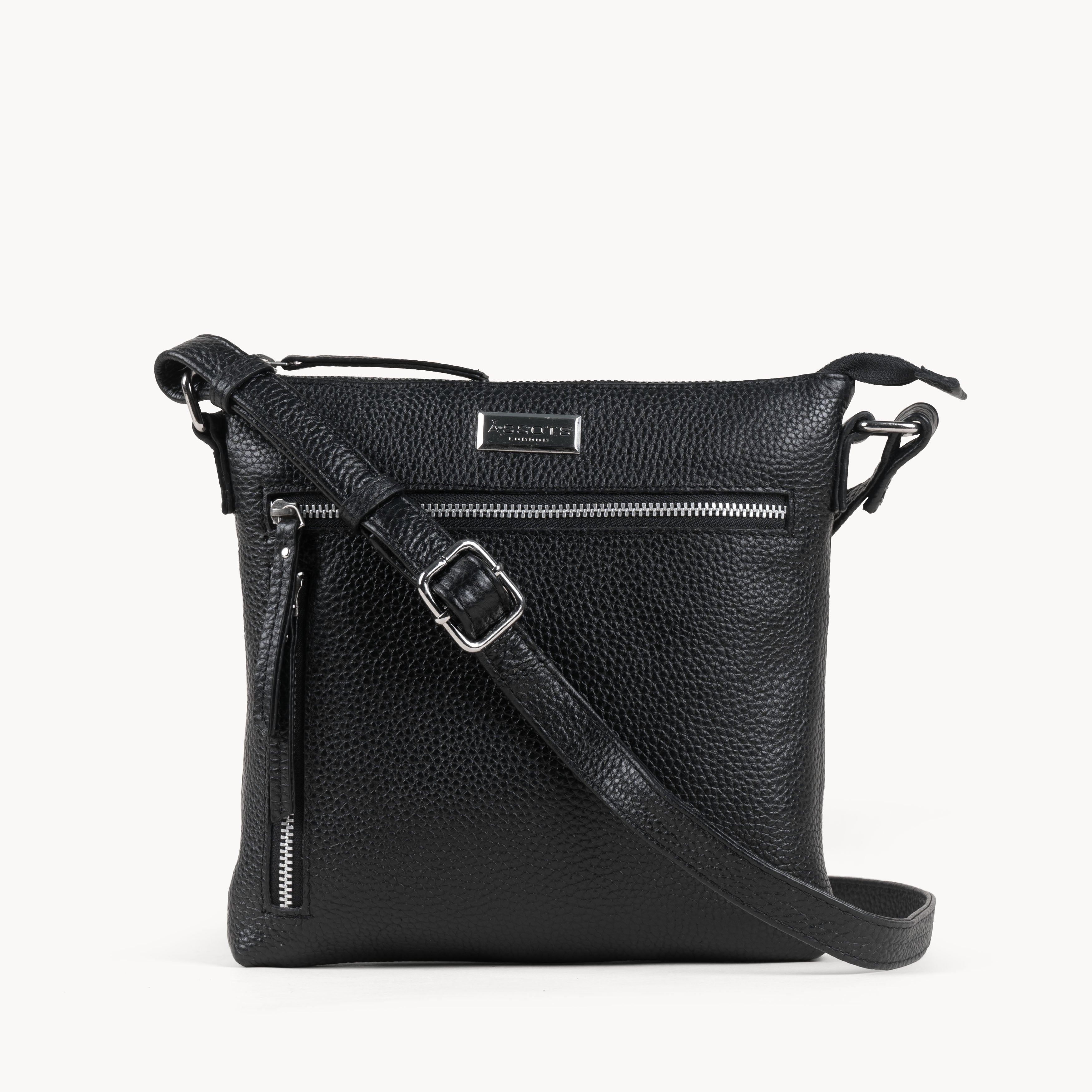 'RUE' Black Pebble Grain Real Leather Crossbody Bag