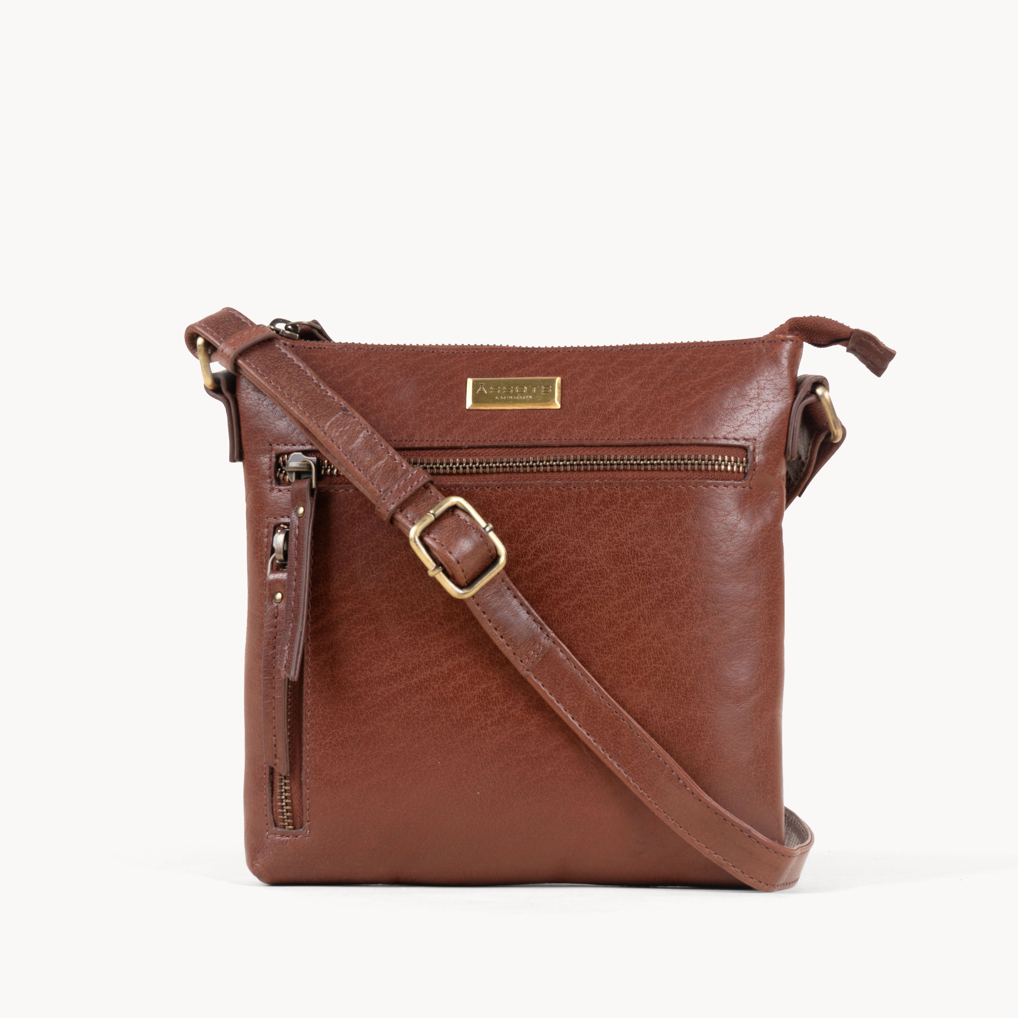 'RUE' Brown Polished VT Real Leather Crossbody Bag