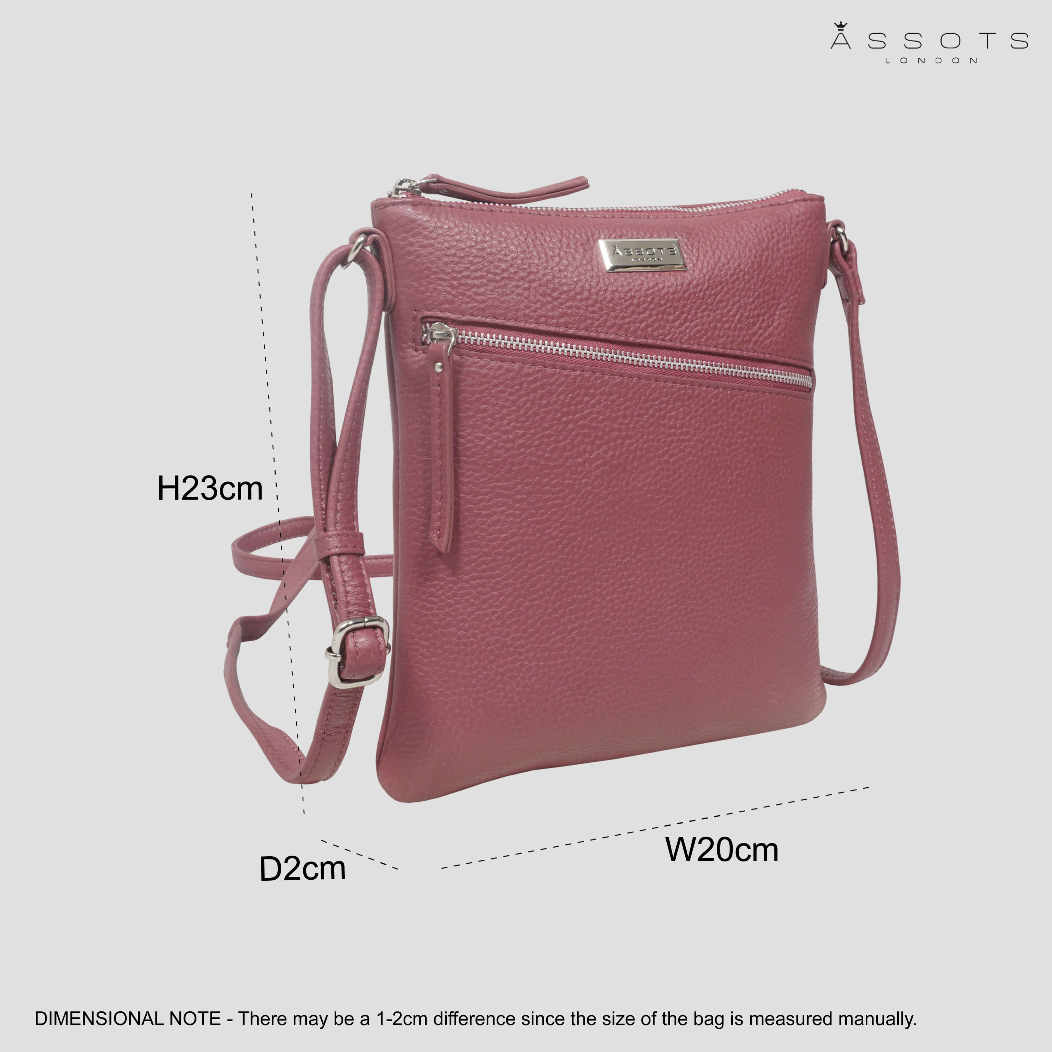 'ROSY' Carmine Pink Pebble Grain Soft Real Leather Crossbody Bag