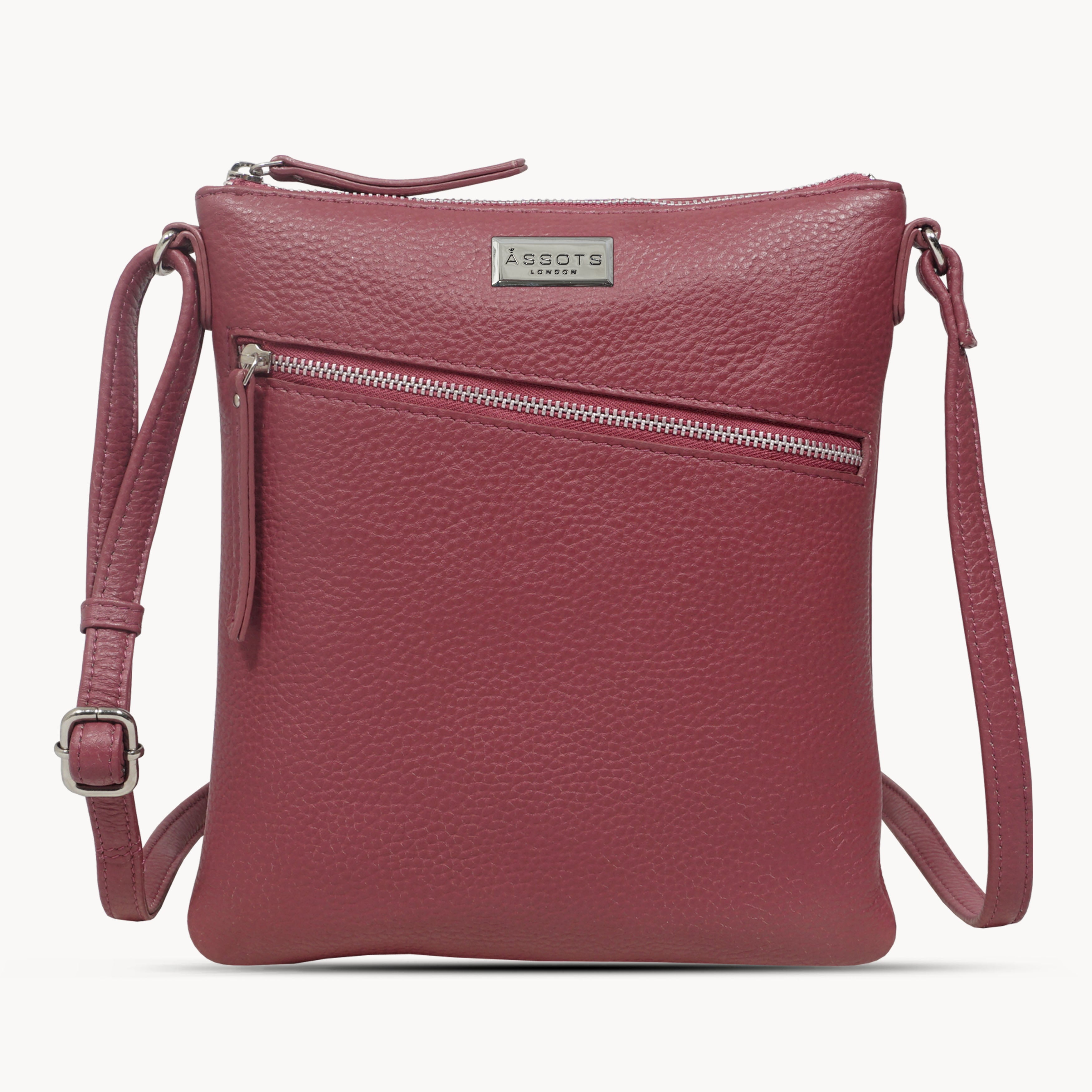 'ROSY' Carmine Pink Pebble Grain Soft Real Leather Crossbody Bag
