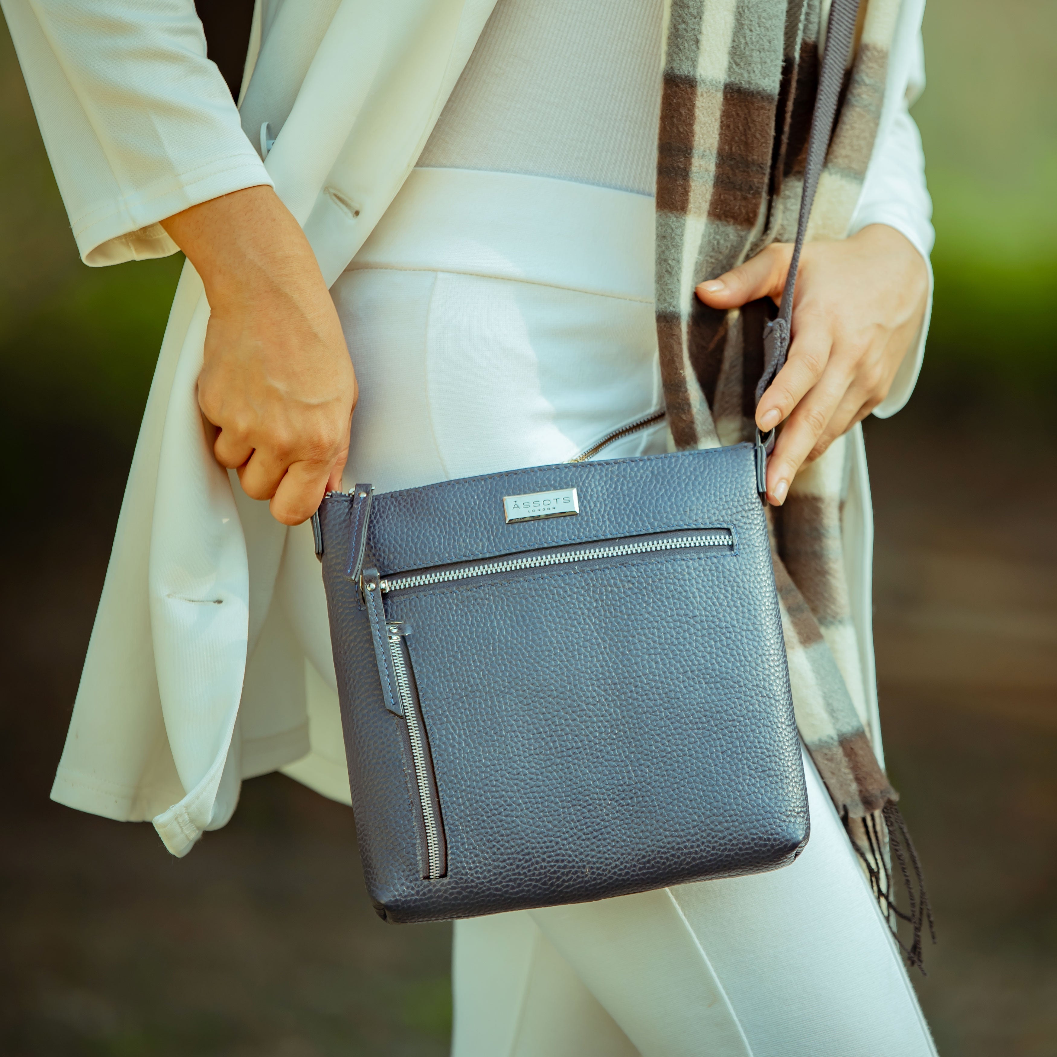 'RUE' Navy Pebble Grain Real Leather Crossbody Bag