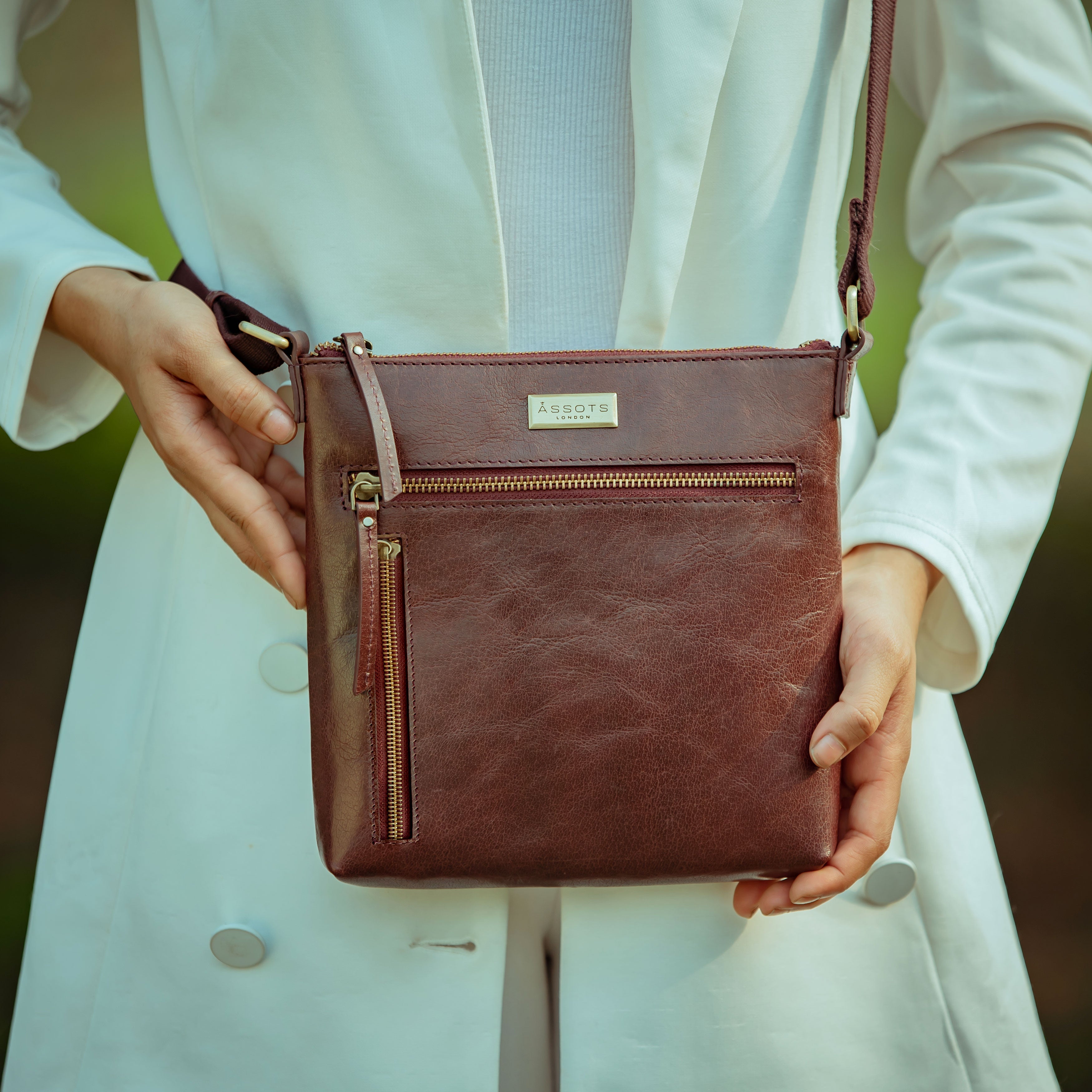 'RUE' Plum Waxy VT Real Leather Crossbody Bag