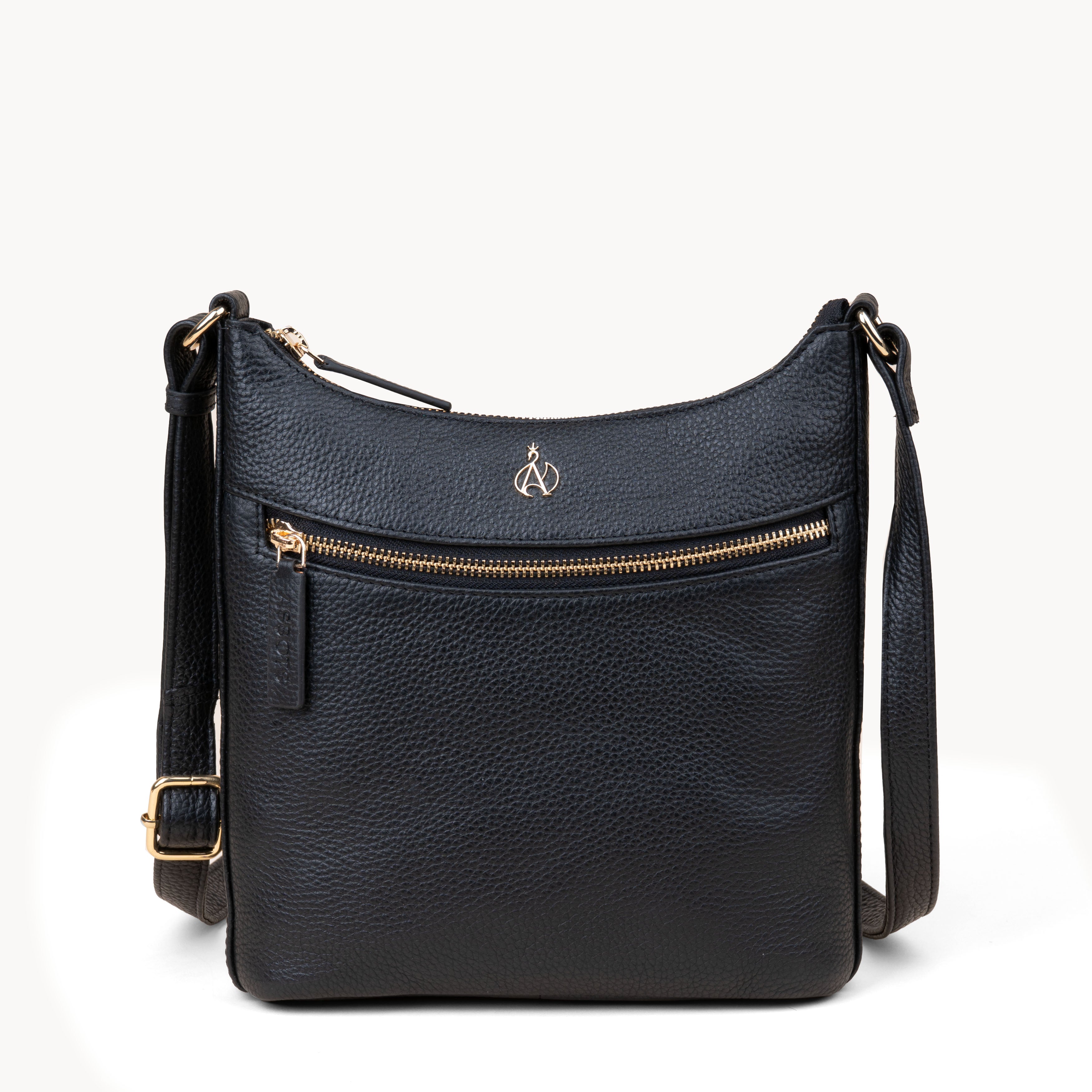 'SALLY' Black Pebble Grain Real Leather Crossbody Bag