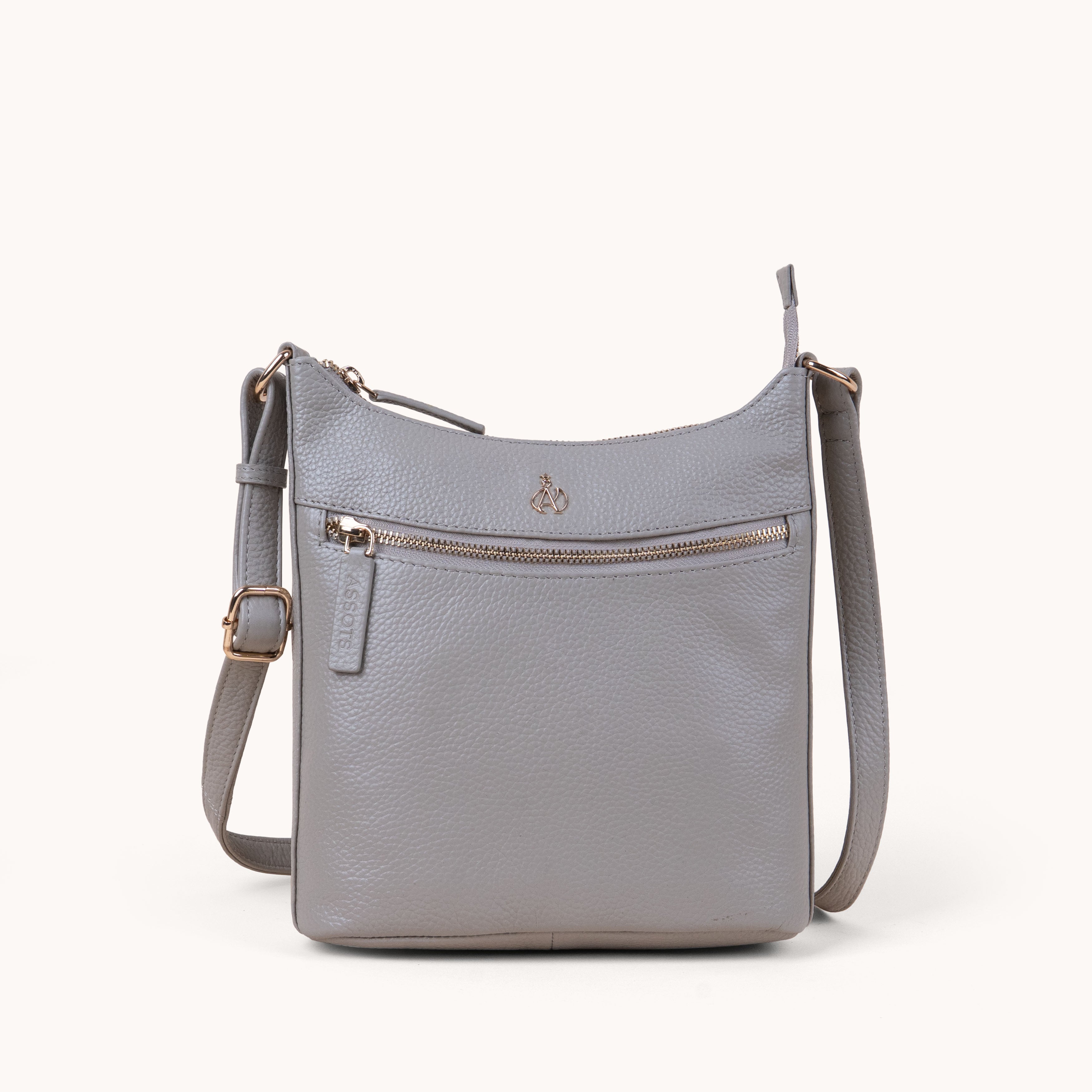 'SALLY' Fog Grey Pebble Grain Real Leather Crossbody Bag