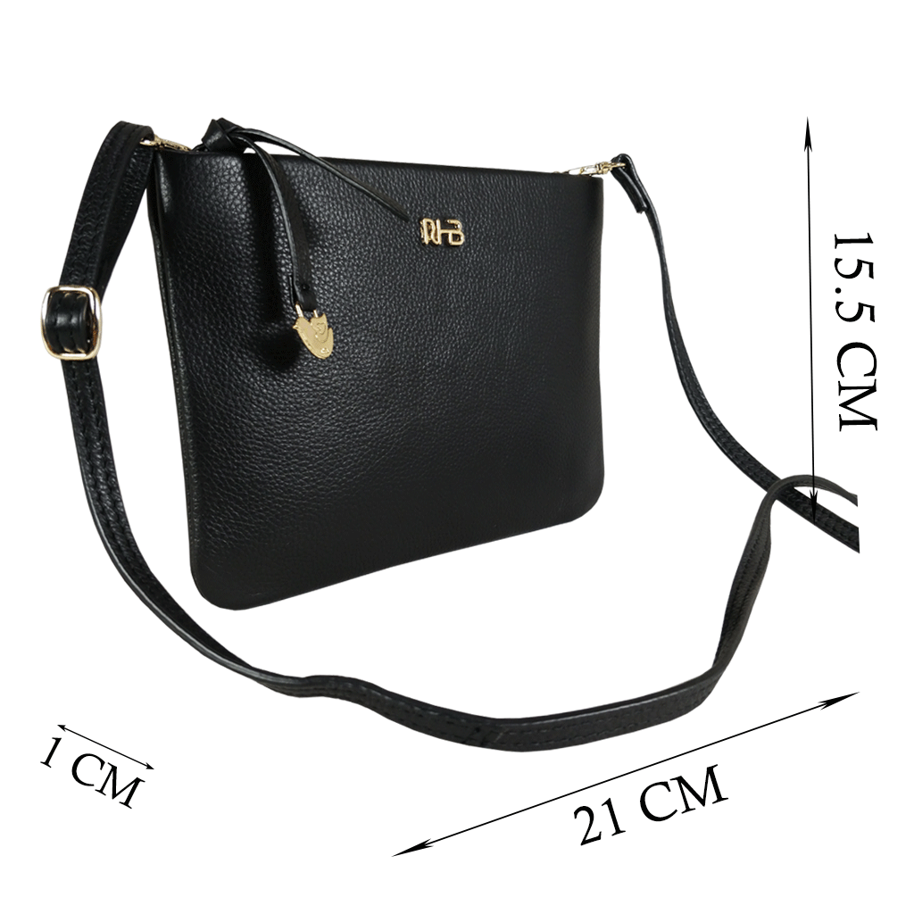 'SOPHIA' Black Pebble Grain Zip Top Leather Crossbody Bag