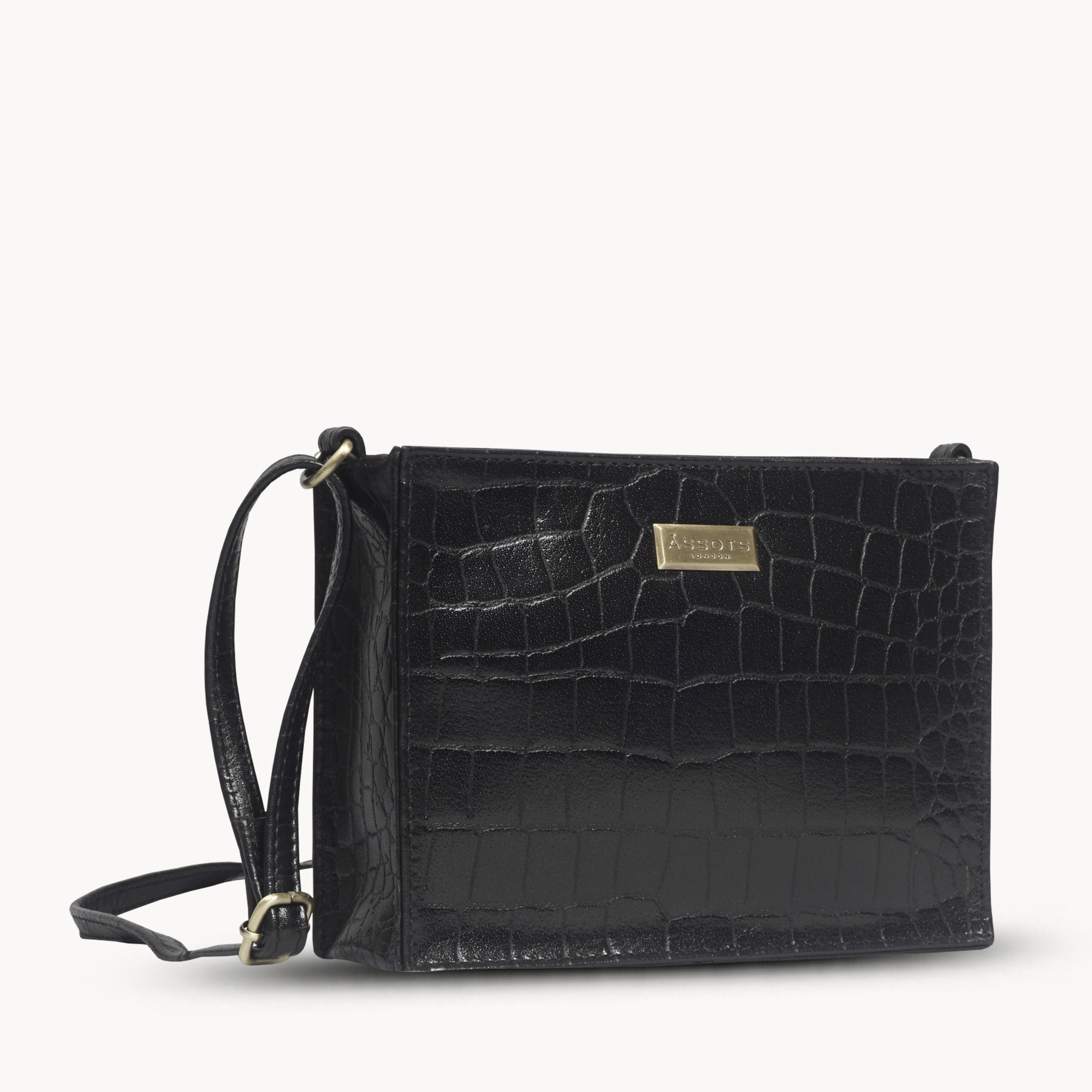 'SUSAN' Black Croc Real Leather Rectangle Box Crossbody Bag