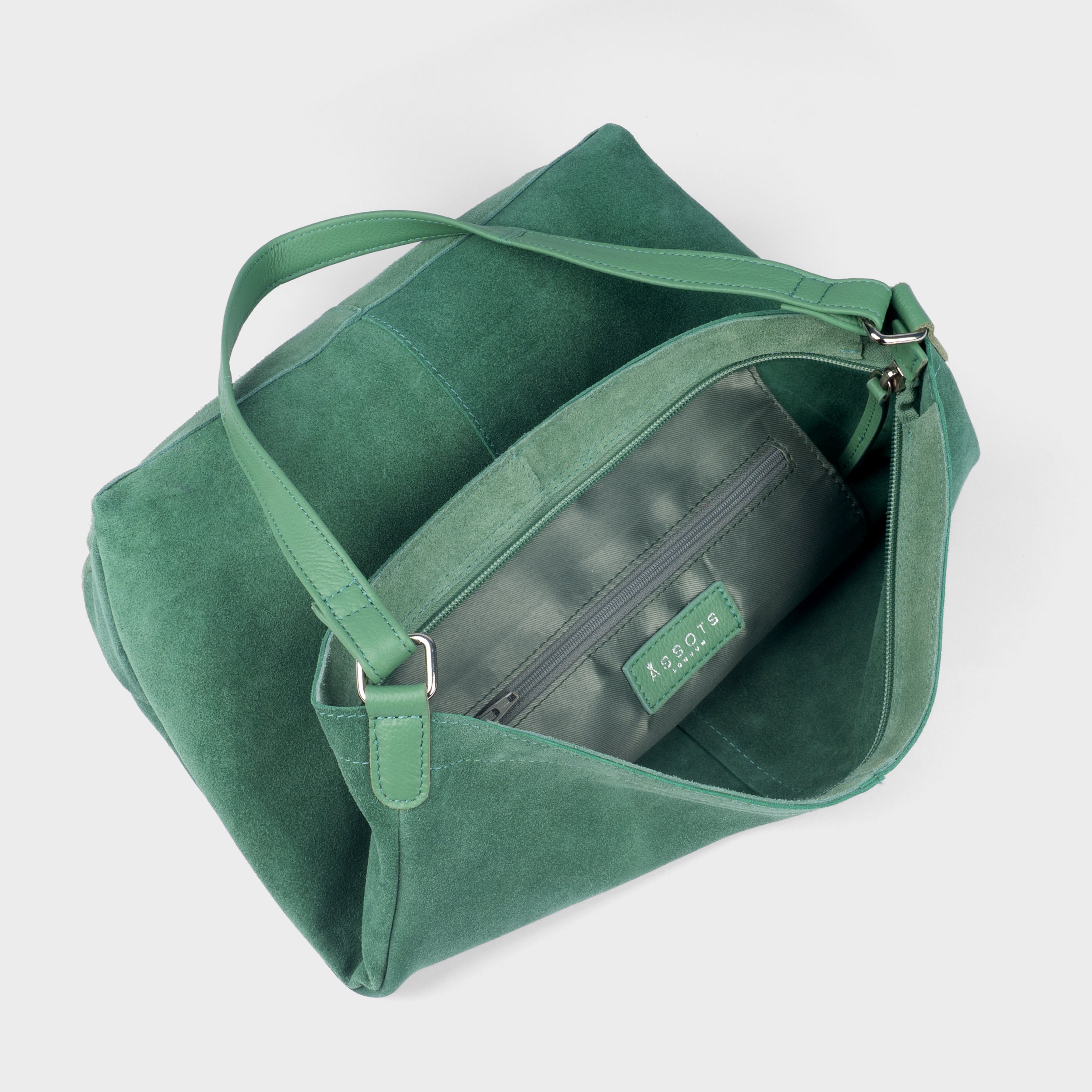'TINA' Green Suede Real Leather Unlined Slouchy Shopper Tote Bag