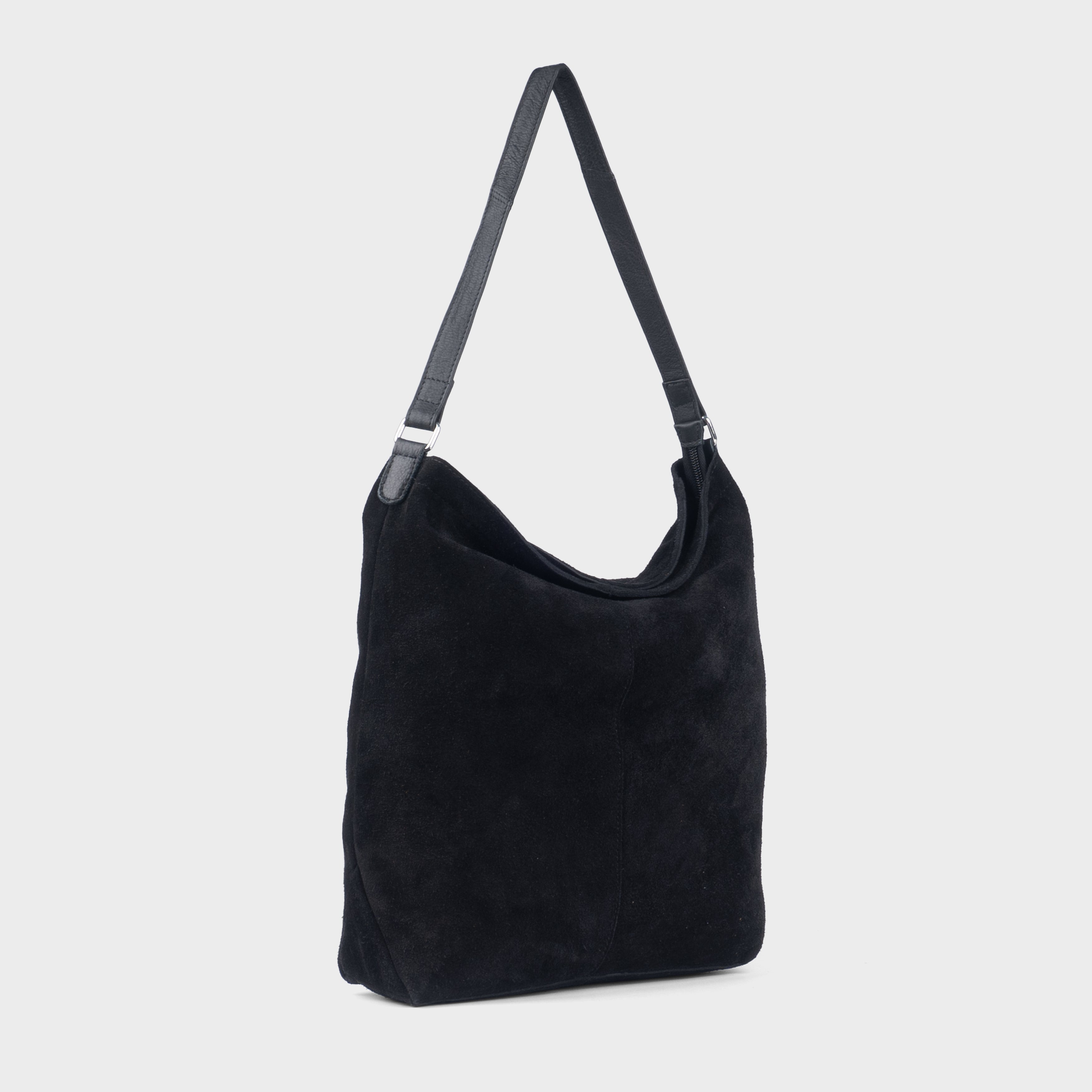 'TINA' Black Suede Real Leather Unlined Slouchy Shopper Tote Bag
