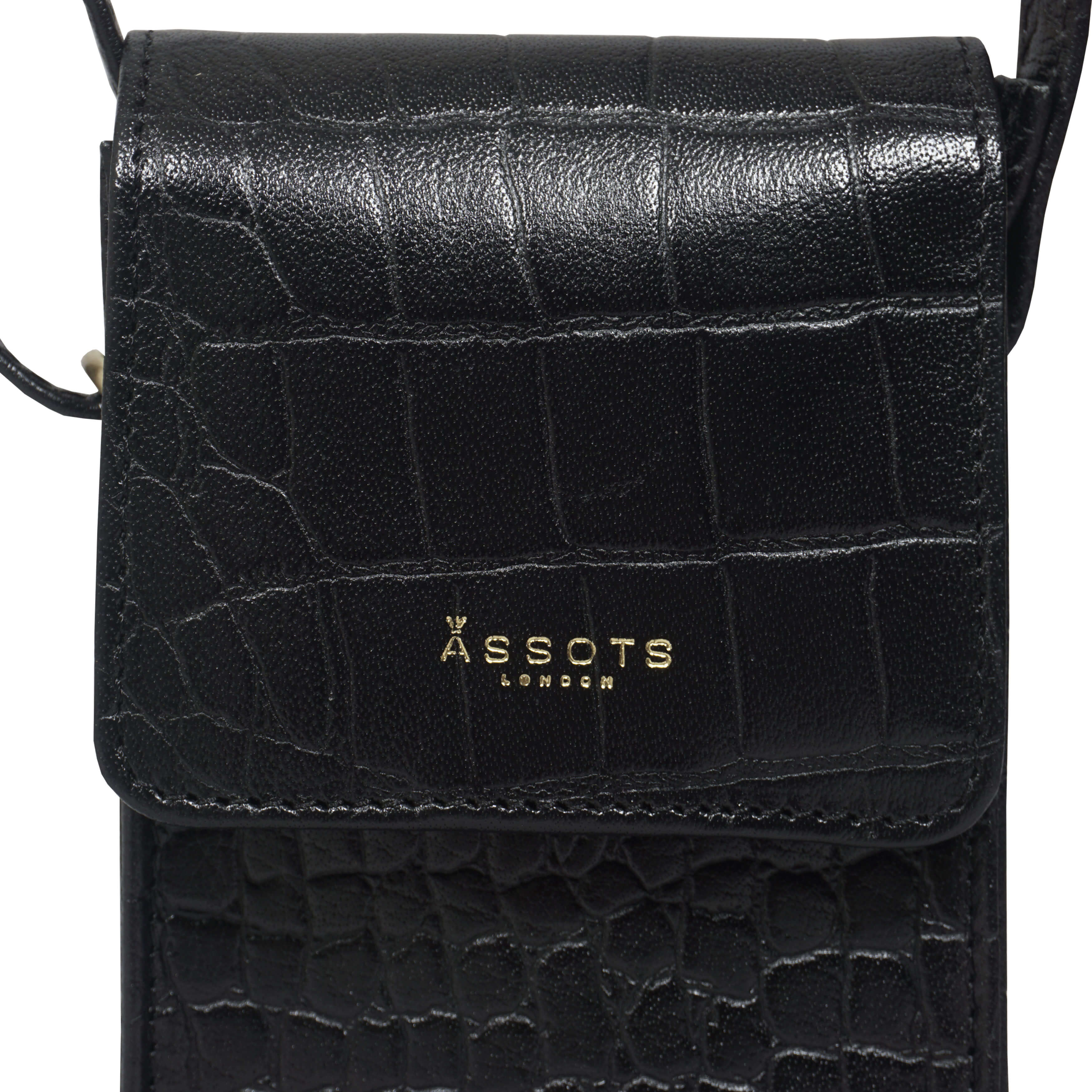 'TRACY' Black Croc Real Leather Crossbody Phone Bag