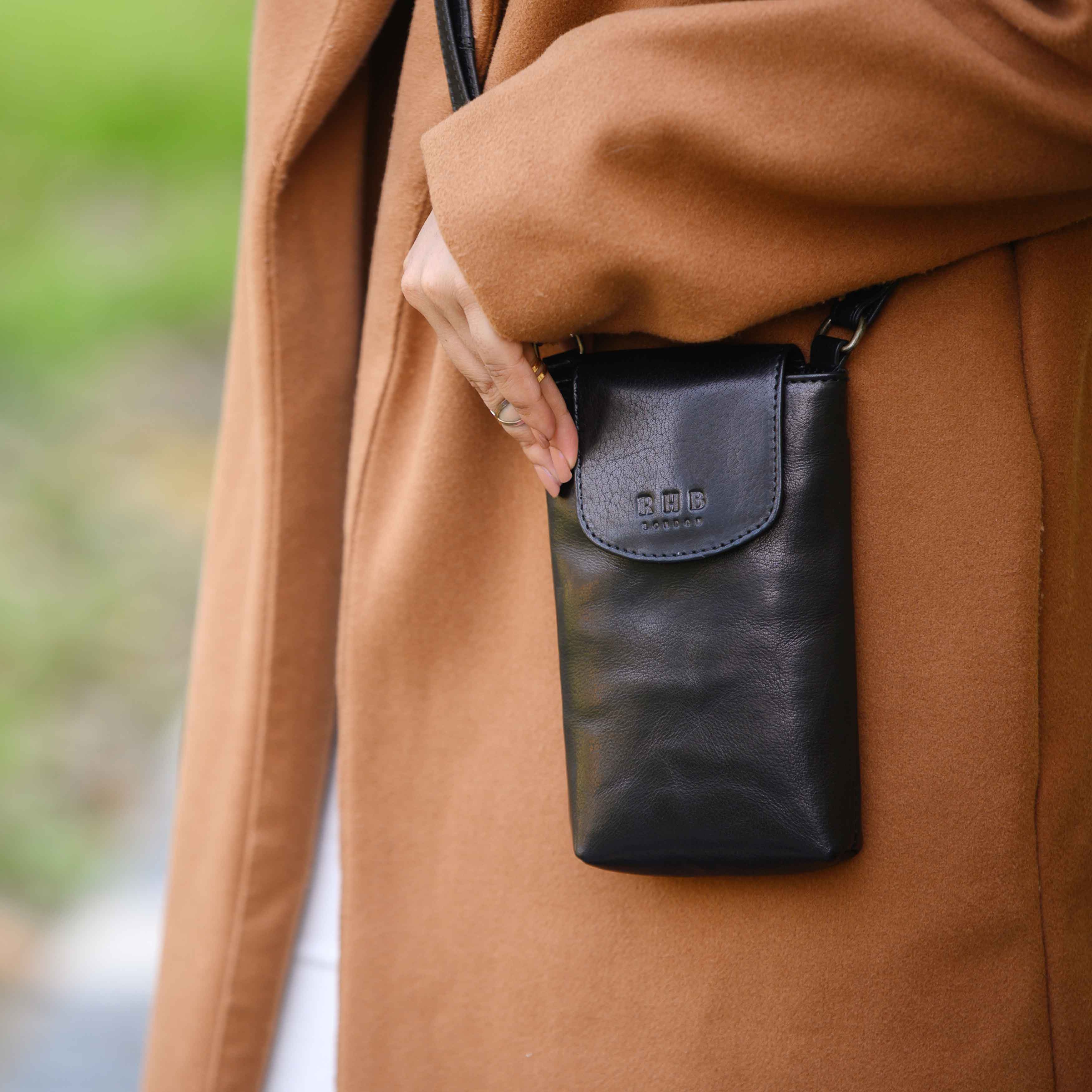 'THEA' Black Polished VT Real Leather Mobile Phone Crossbody Bag