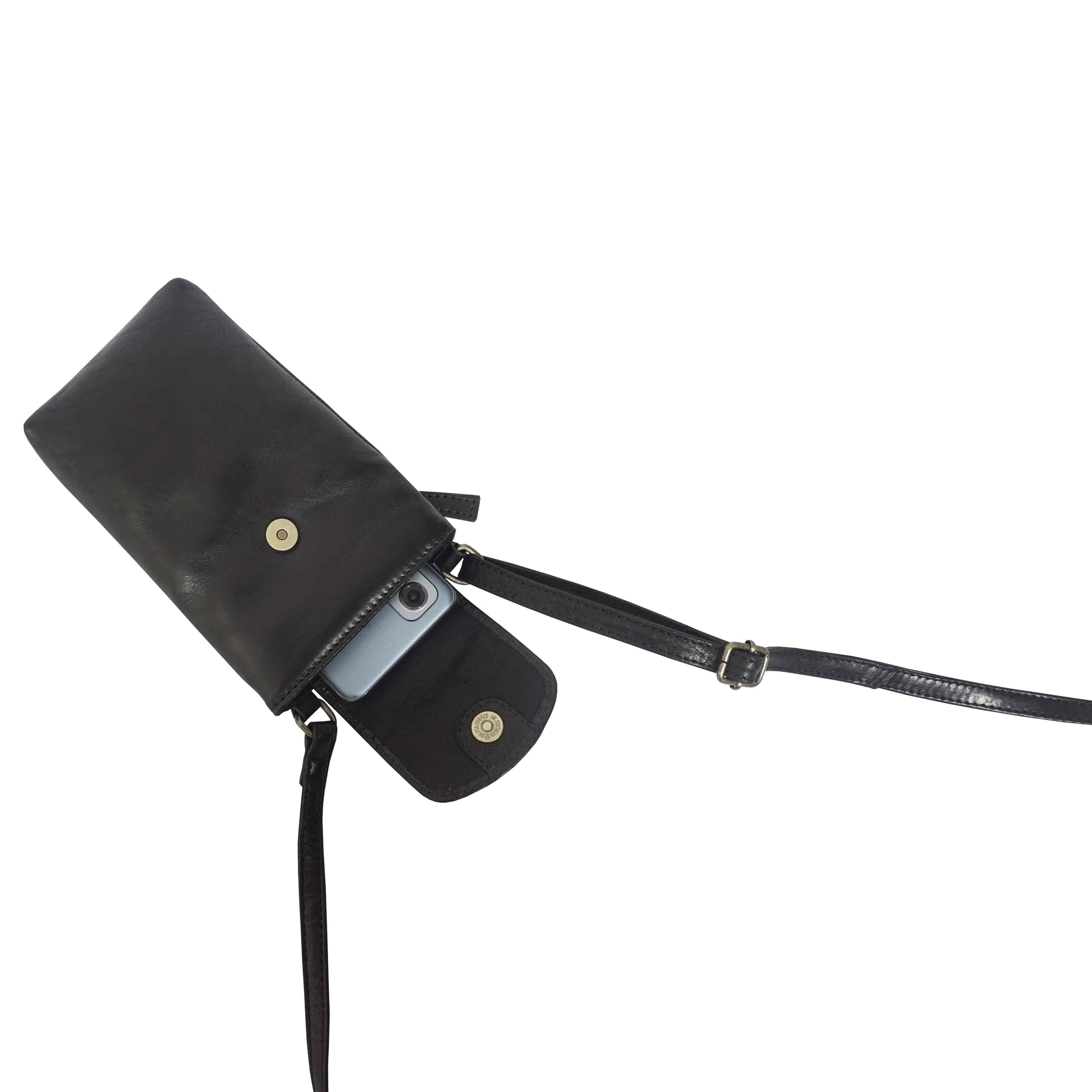 'THEA' Black Polished VT Real Leather Mobile Phone Crossbody Bag