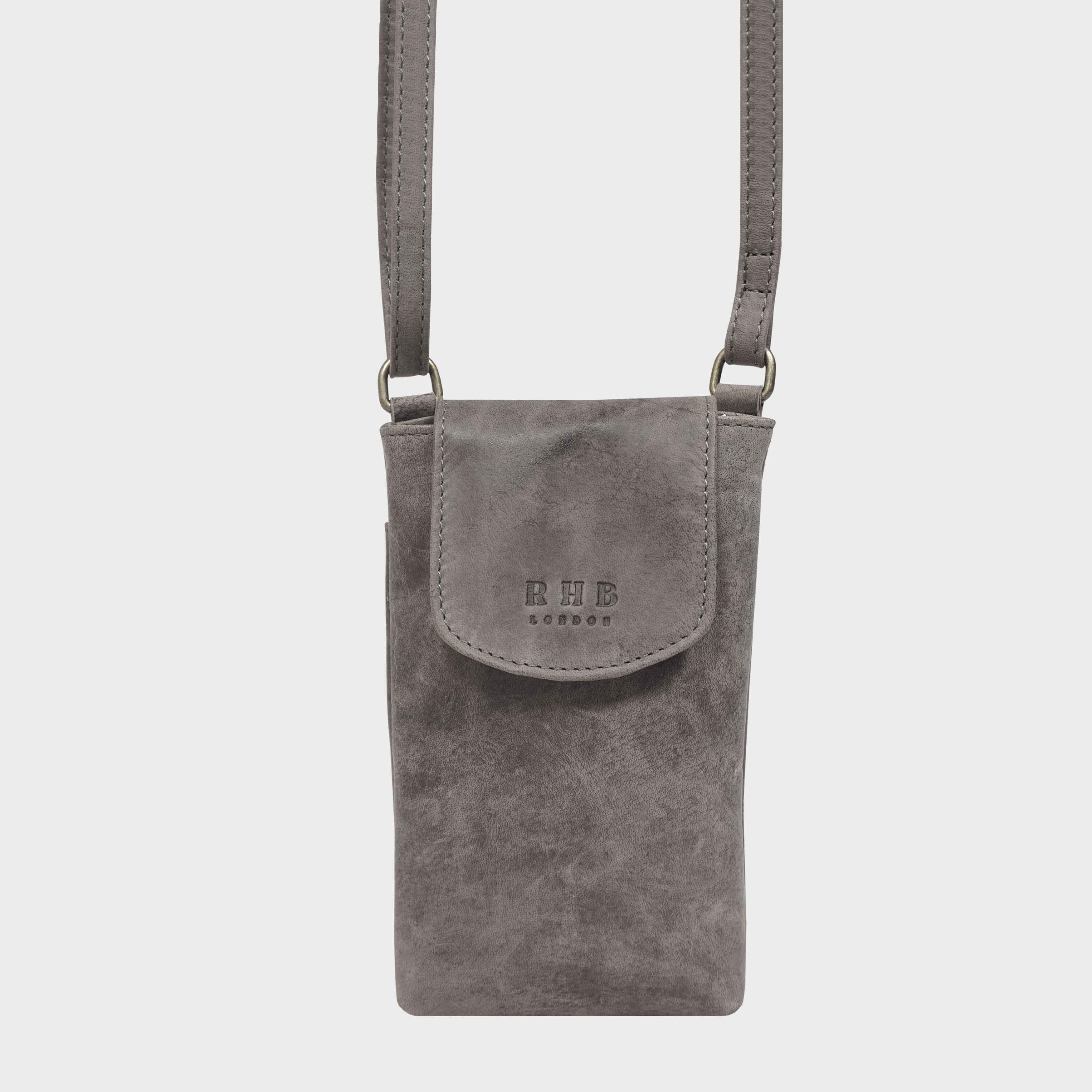 'THEA' Grey Distressed Real Leather Mobile Phone Crossbody Bag for