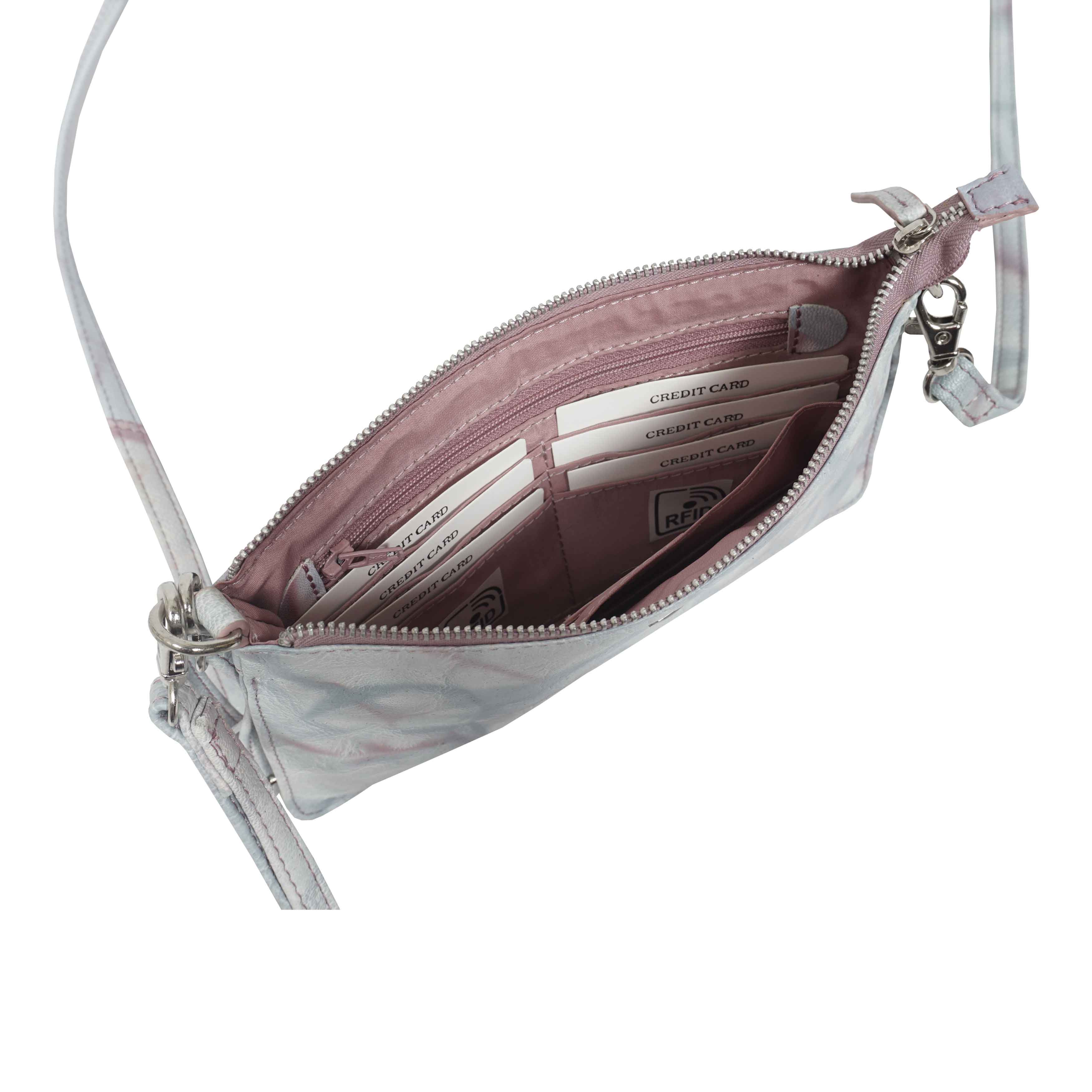 'TODD' Blue & Orchid Pink Tie Dye Real Leather Crossbody Wristlet Bag