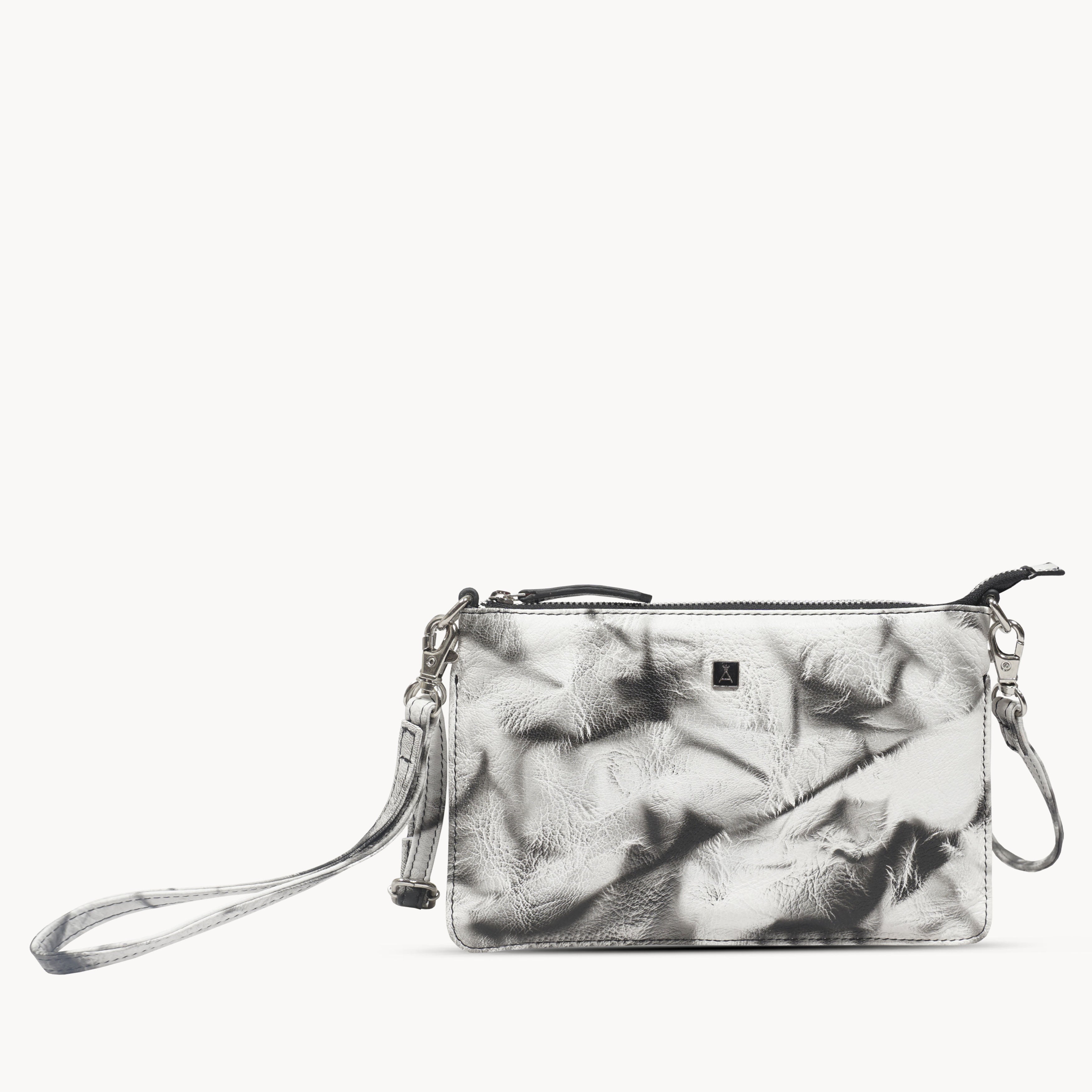 'TODD' Black & White Tie Dye Real Leather Crossbody Wristlet Bag