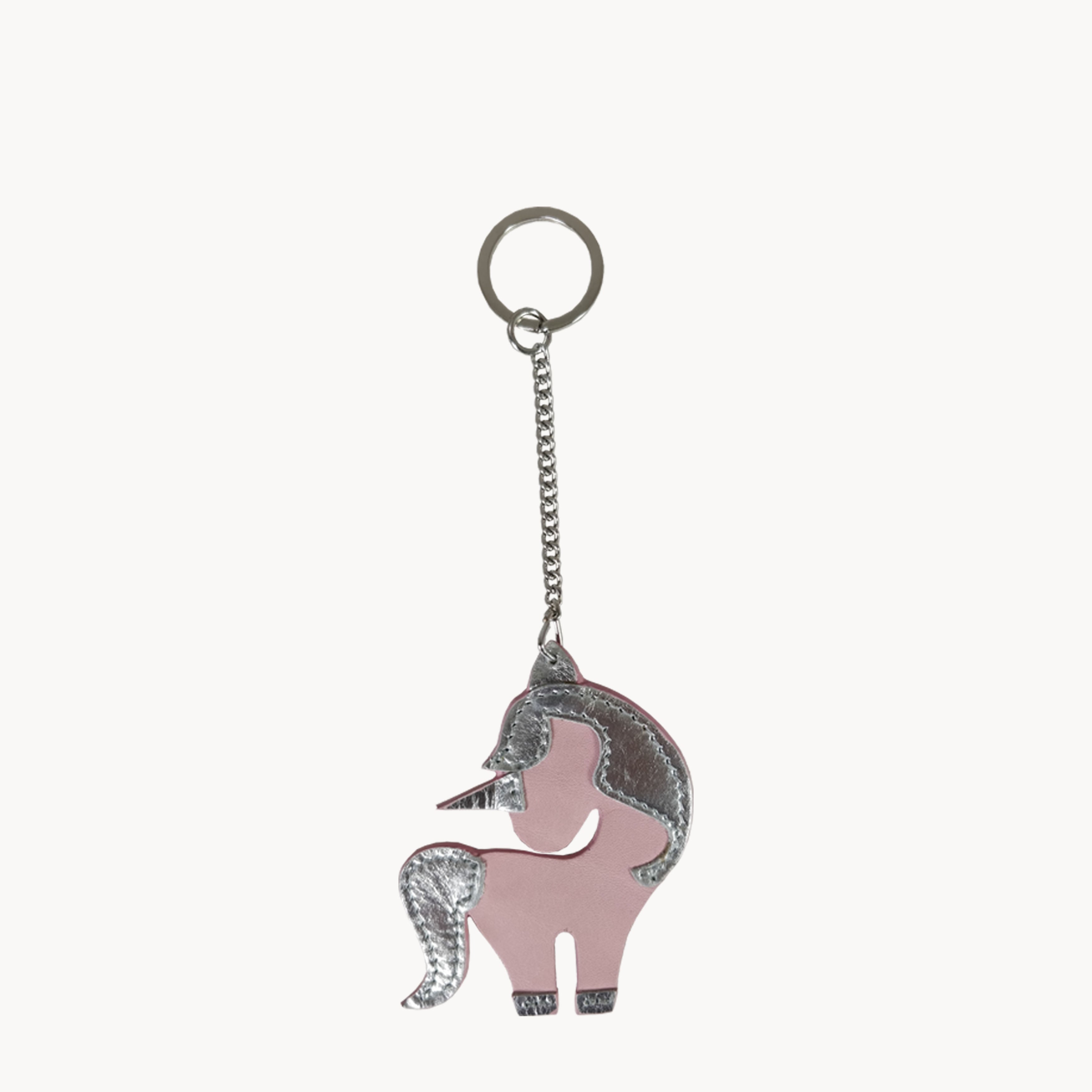 'UNICORN' Super Cute Smooth Pink Leather With Silver Metallic Trims Key Ring Holder