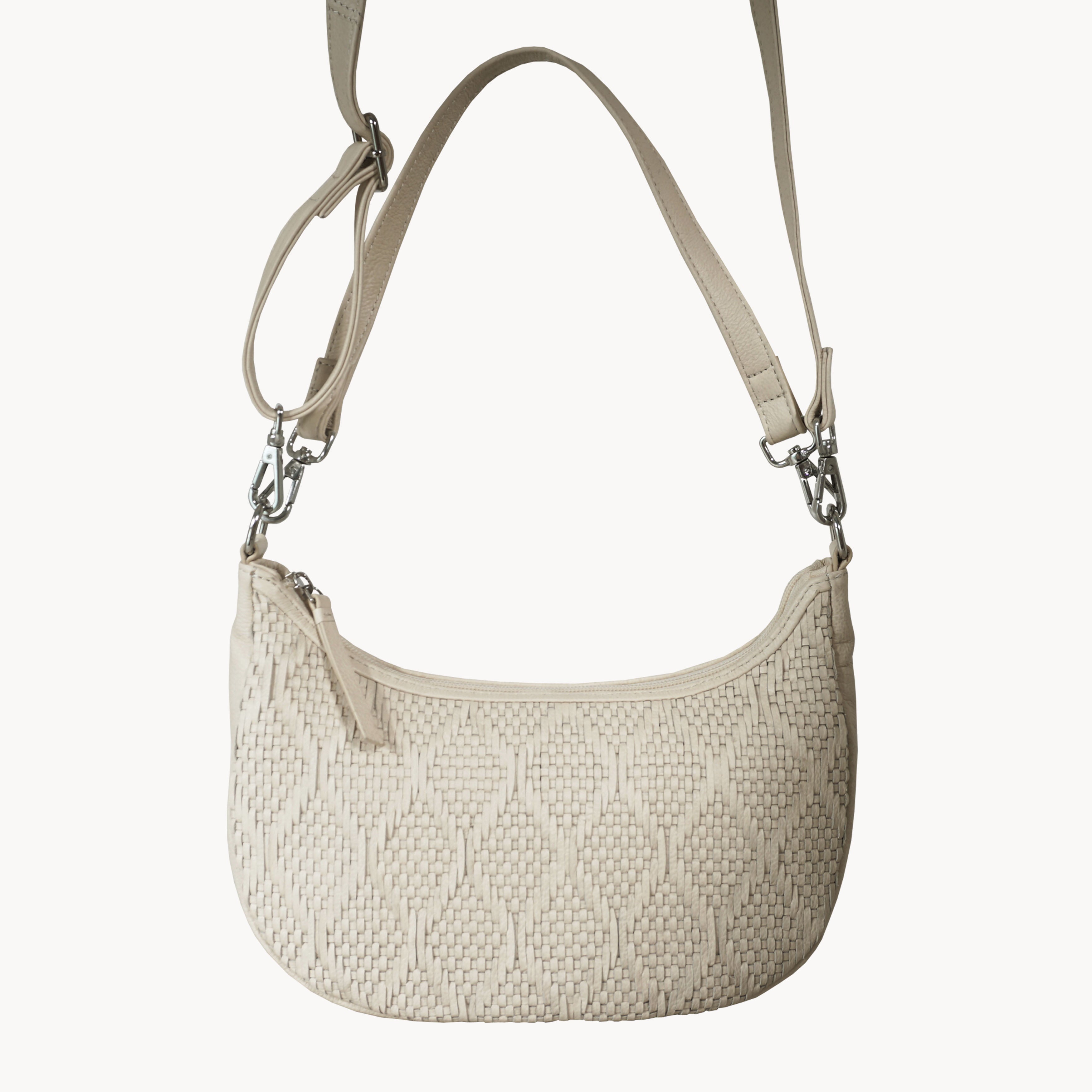 'Wonder Weave' Cream Real Leather Woven Designer Shoulder Crossbody Bag