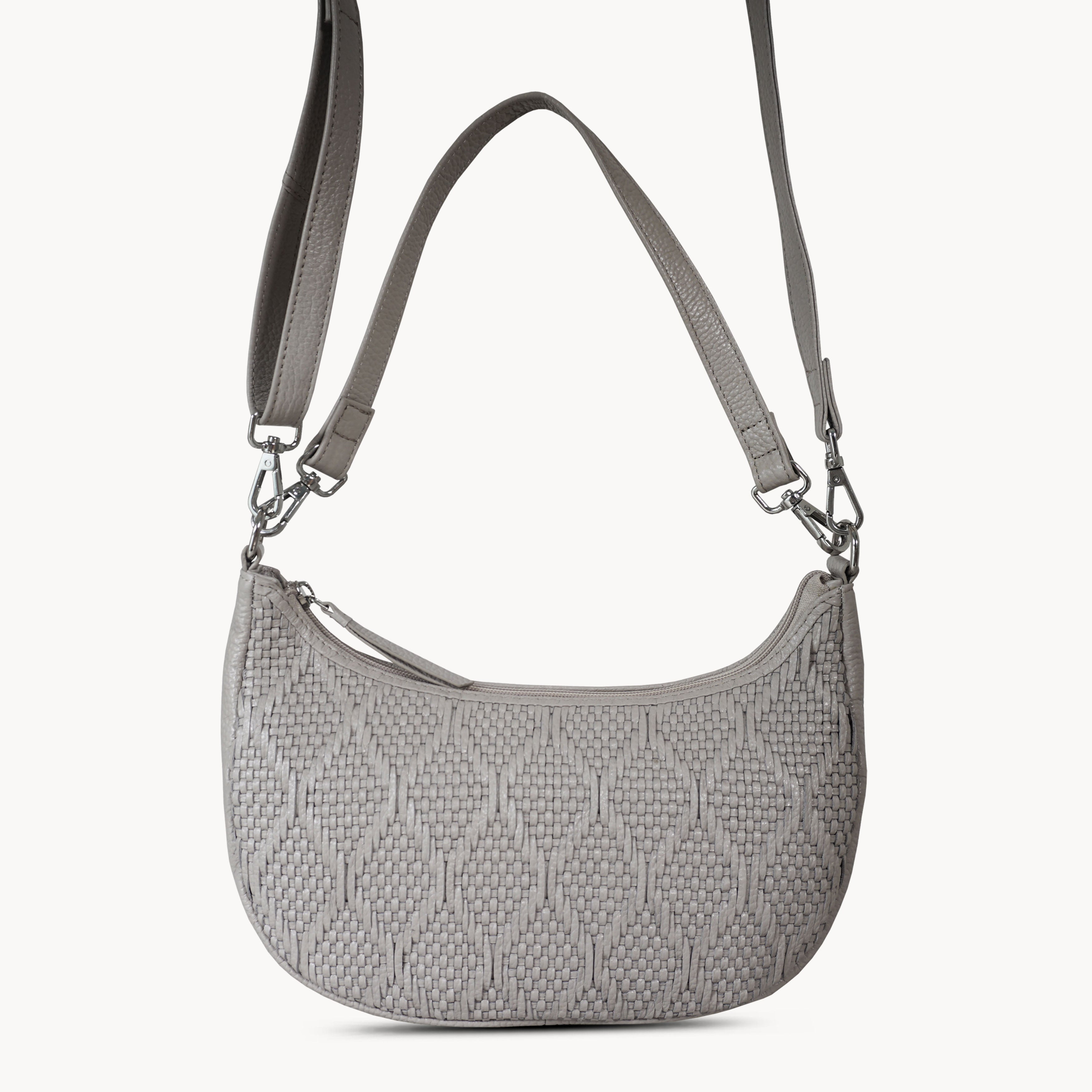 'Wonder Weave' Ice Grey Real Leather Woven Designer Shoulder Crossbody Bag