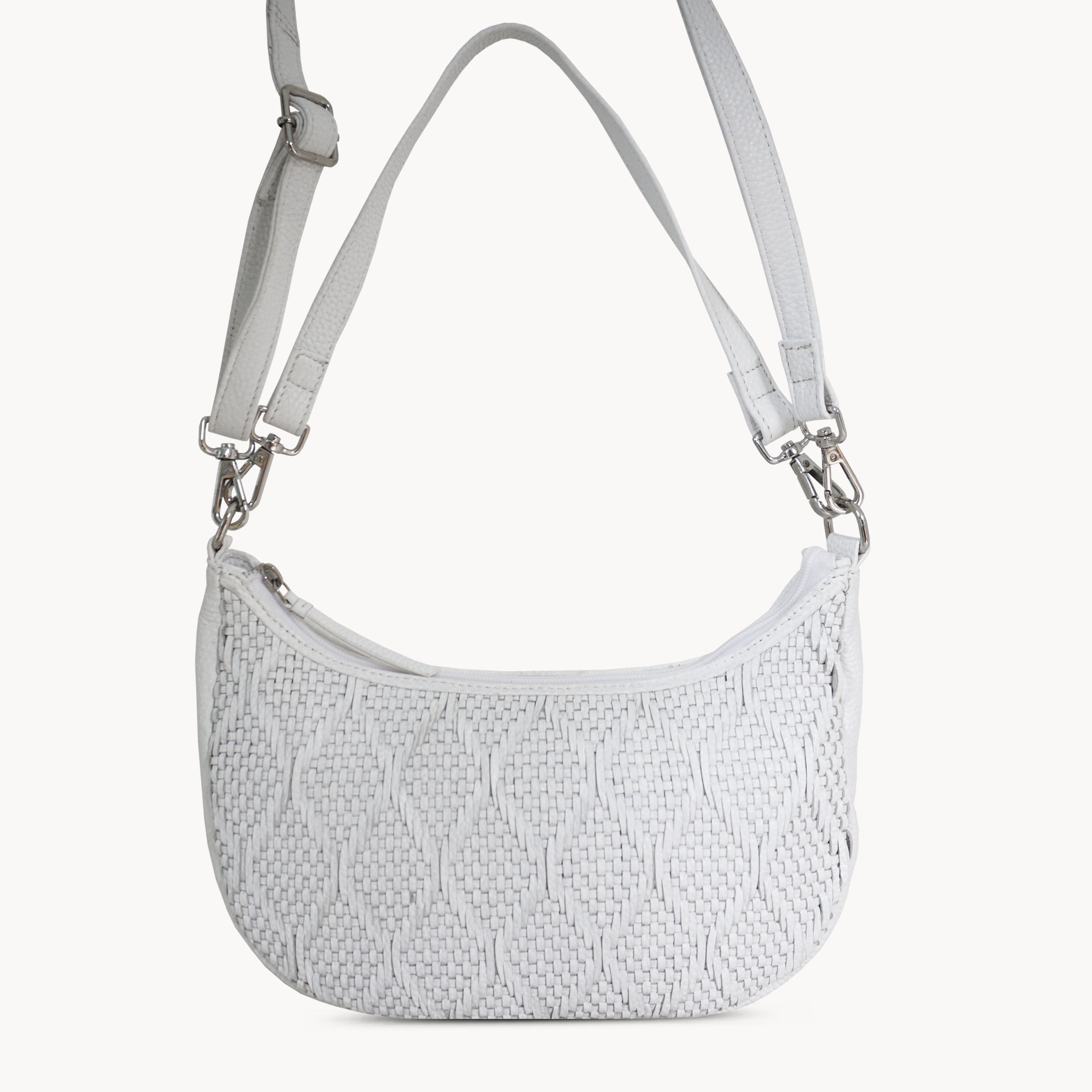 'Wonder Weave' White Real Leather Woven Designer Shoulder Crossbody Bag
