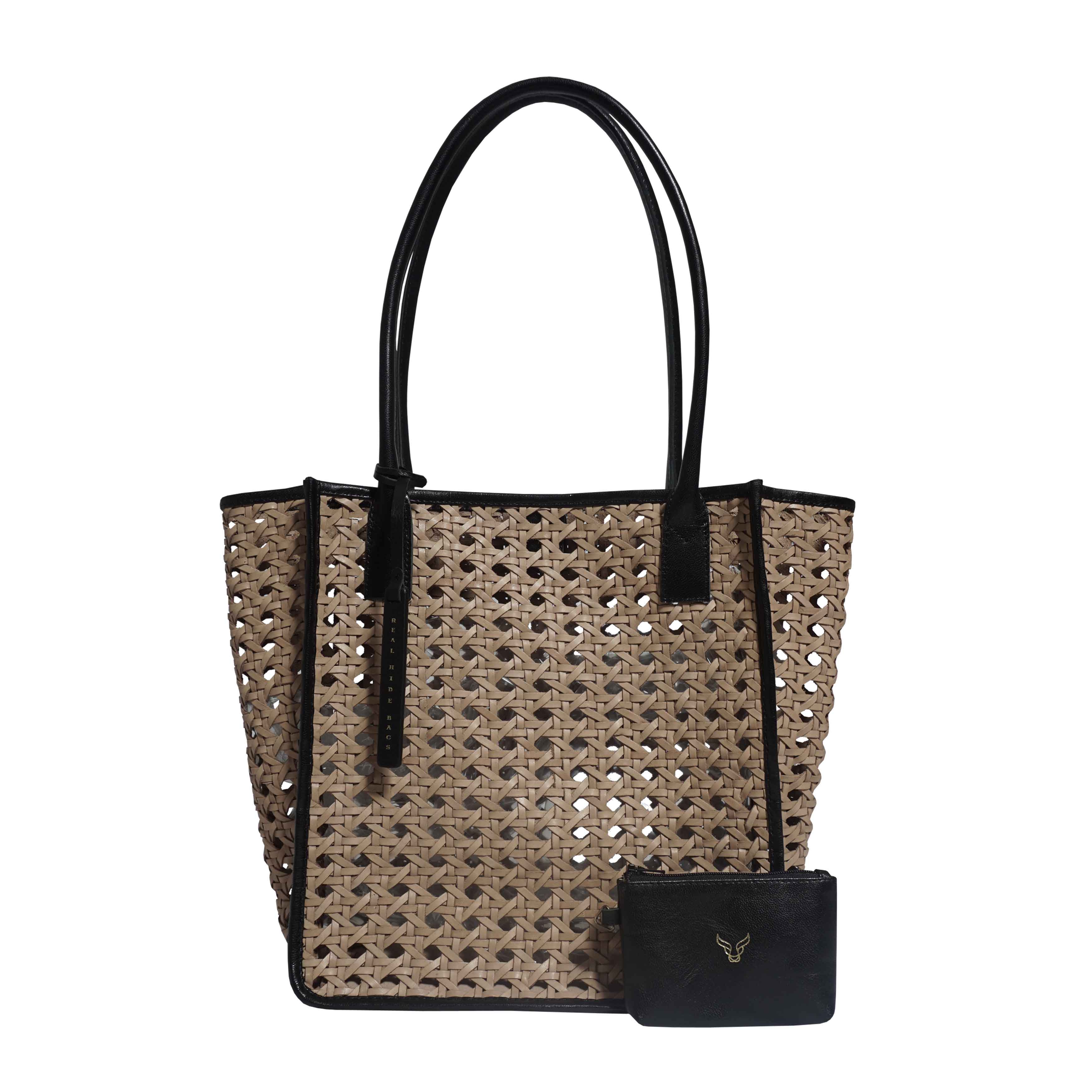 'PELLE TESSUTA' Beige & Black Real Leather Woven Tote Bag