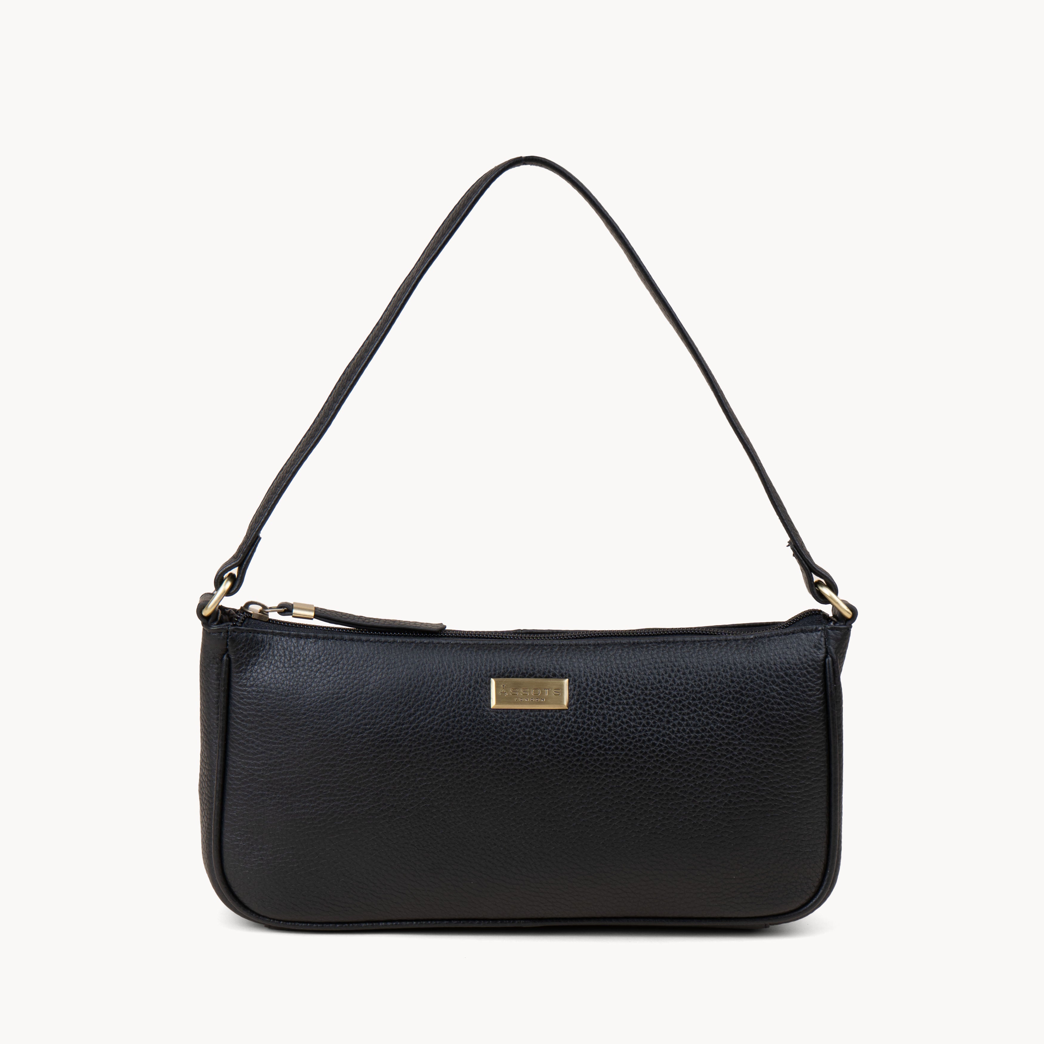 'ZARA' Black Soft Pebble Grain Real Leather Baguette Shoulder Bag
