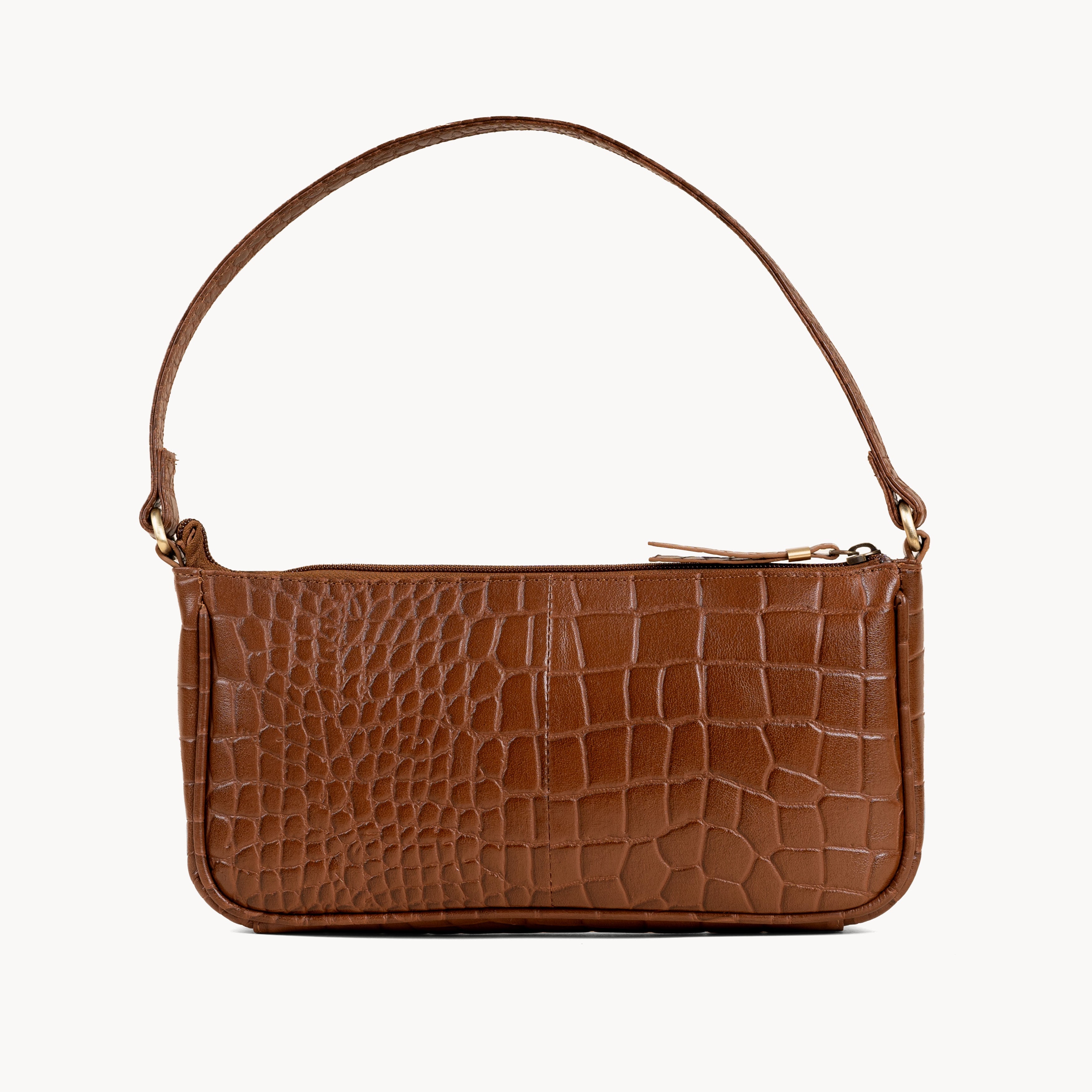 'ZARA' Brown Croc Real Leather Baguette Shoulder Bag
