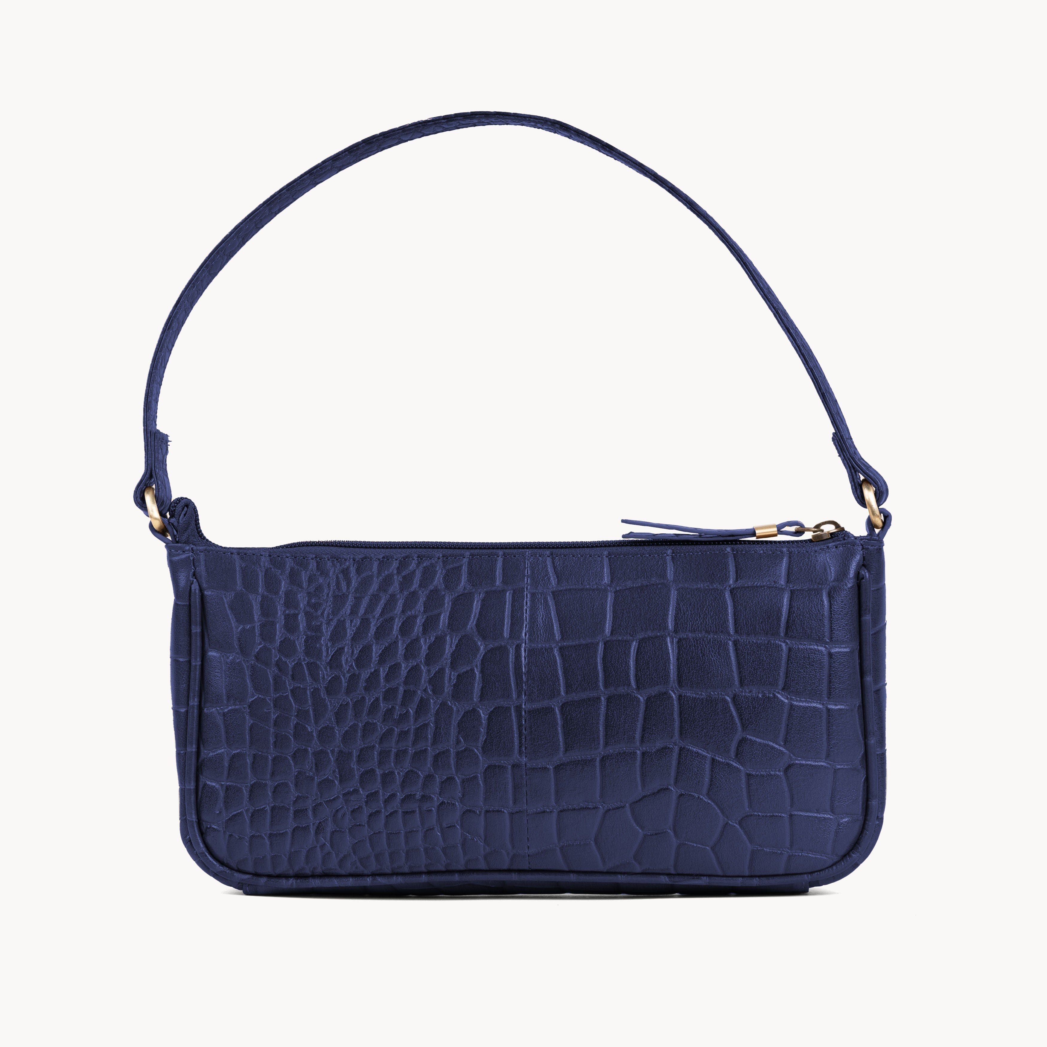 'ZARA' Navy Croc Real Leather Baguette Shoulder Bag