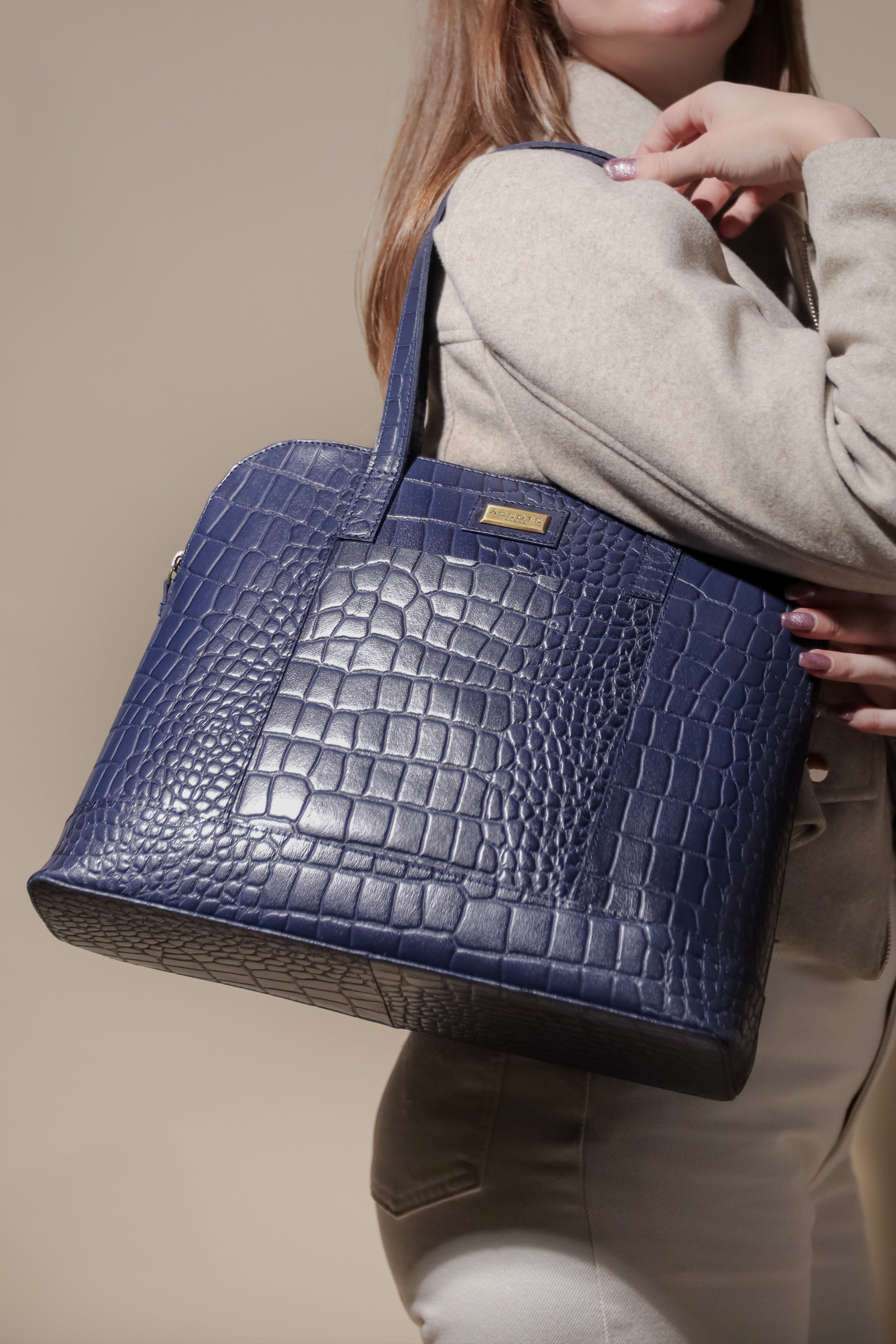 'Eva' Navy Croc Real Leather Designer Unlined Tote Bag