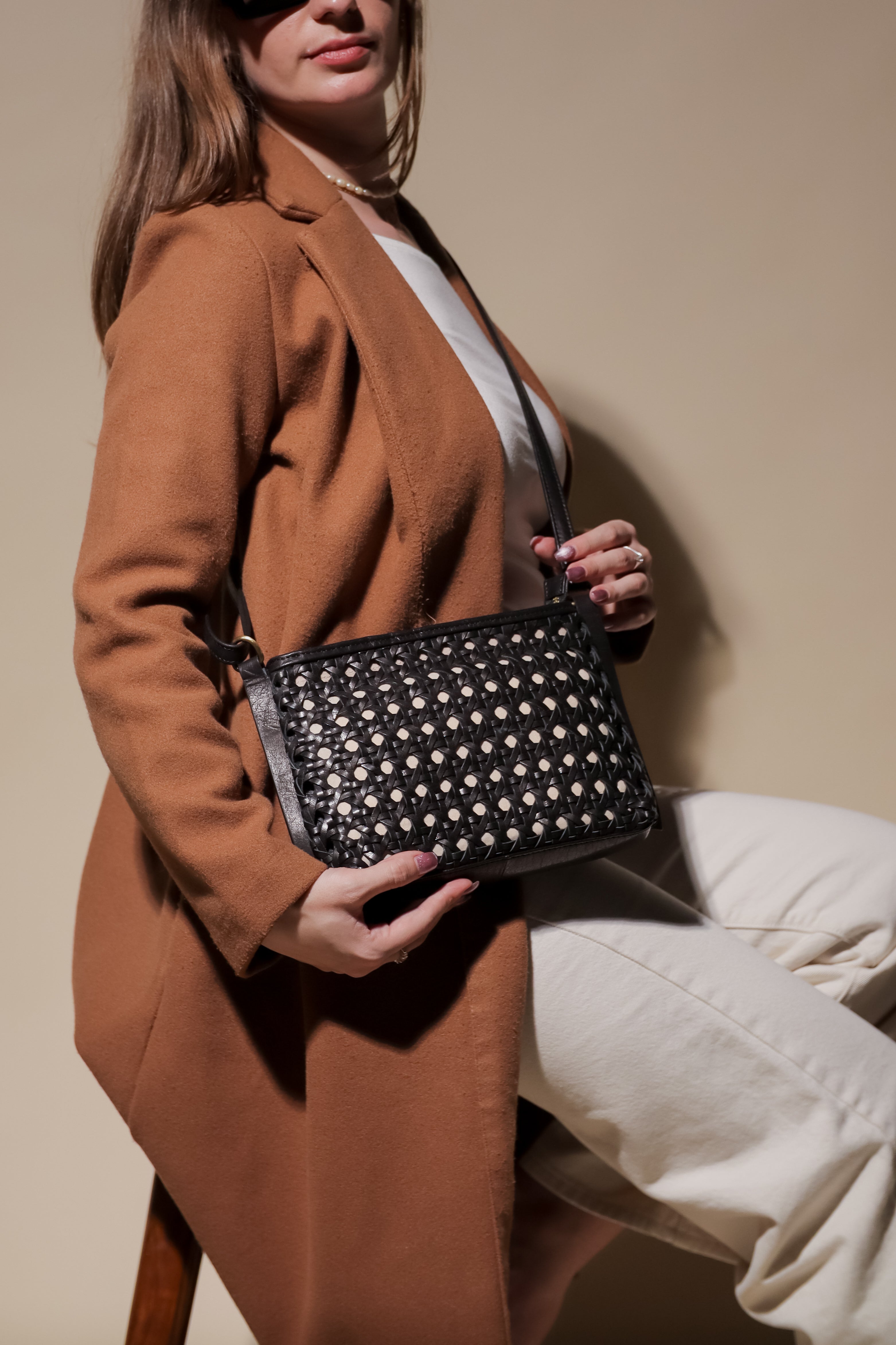 'LEATHER LOOM' Black Real Leather Woven Crossbody Bag