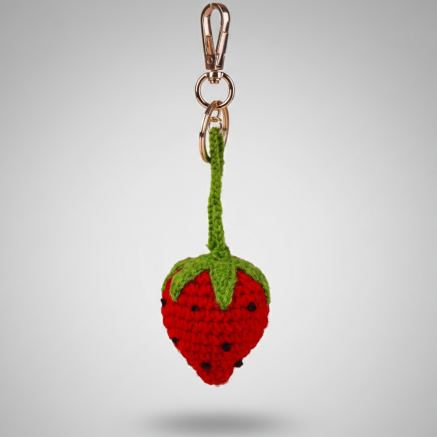 The Strawberry Hand Crochet Gold Charm Keyring