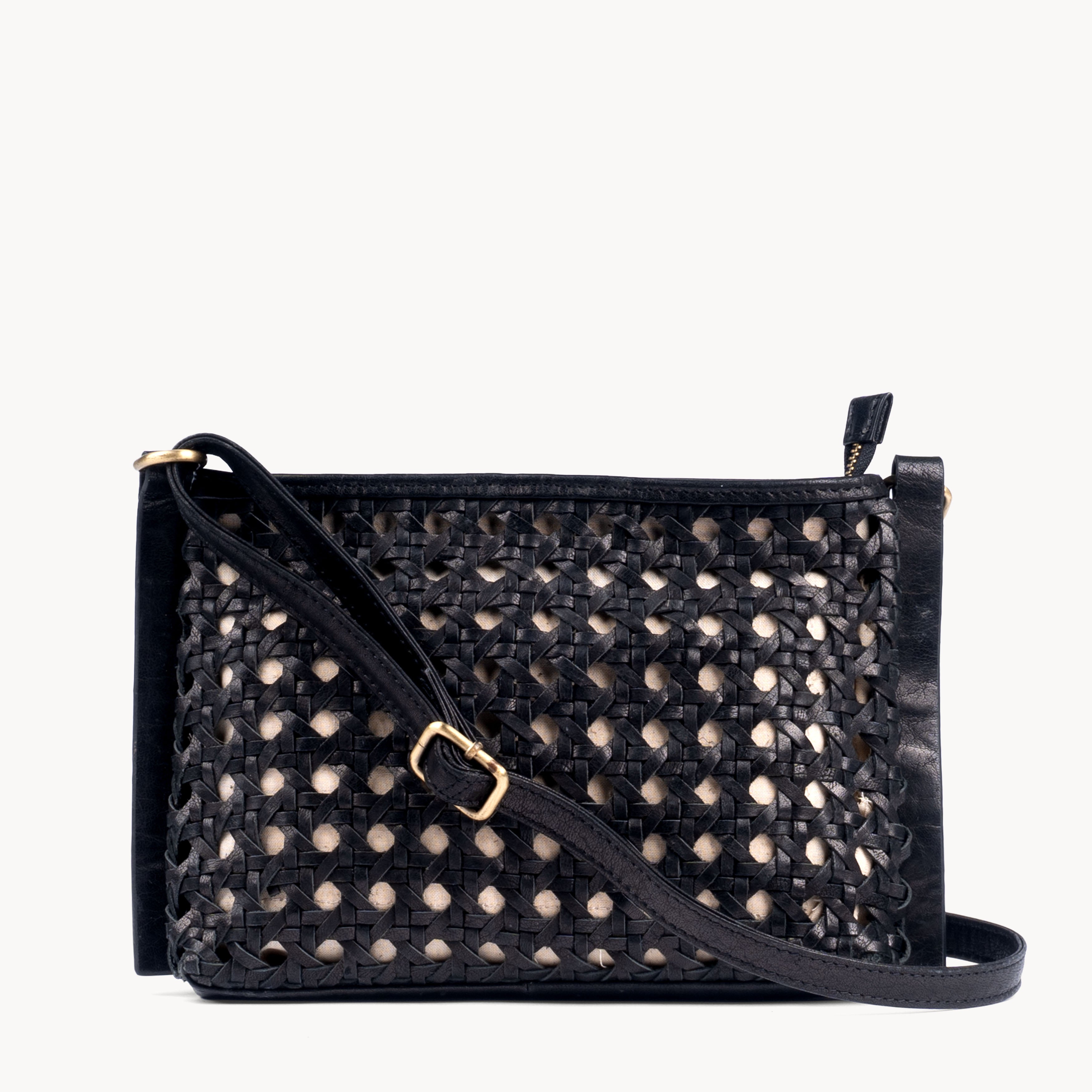 'LEATHER LOOM' Black Real Leather Woven Crossbody Bag