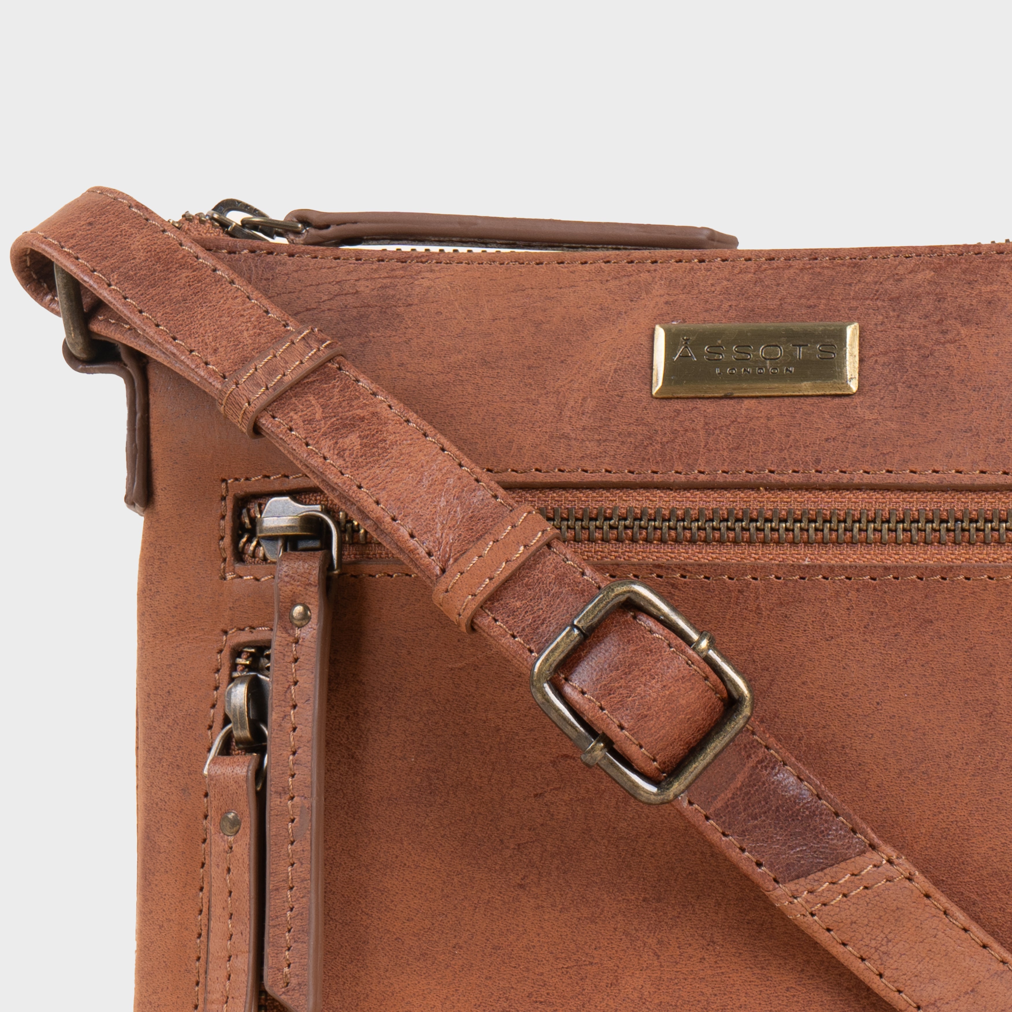 'RUE' Distressed Tan Real Leather Crossbody Bag